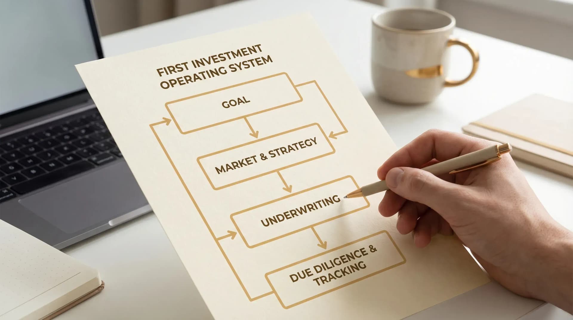 A simple decision flowchart for a first investment operating system, showing four boxes: Goal, Market and Strategy, Underwriting, Due Diligence and Tracking.
