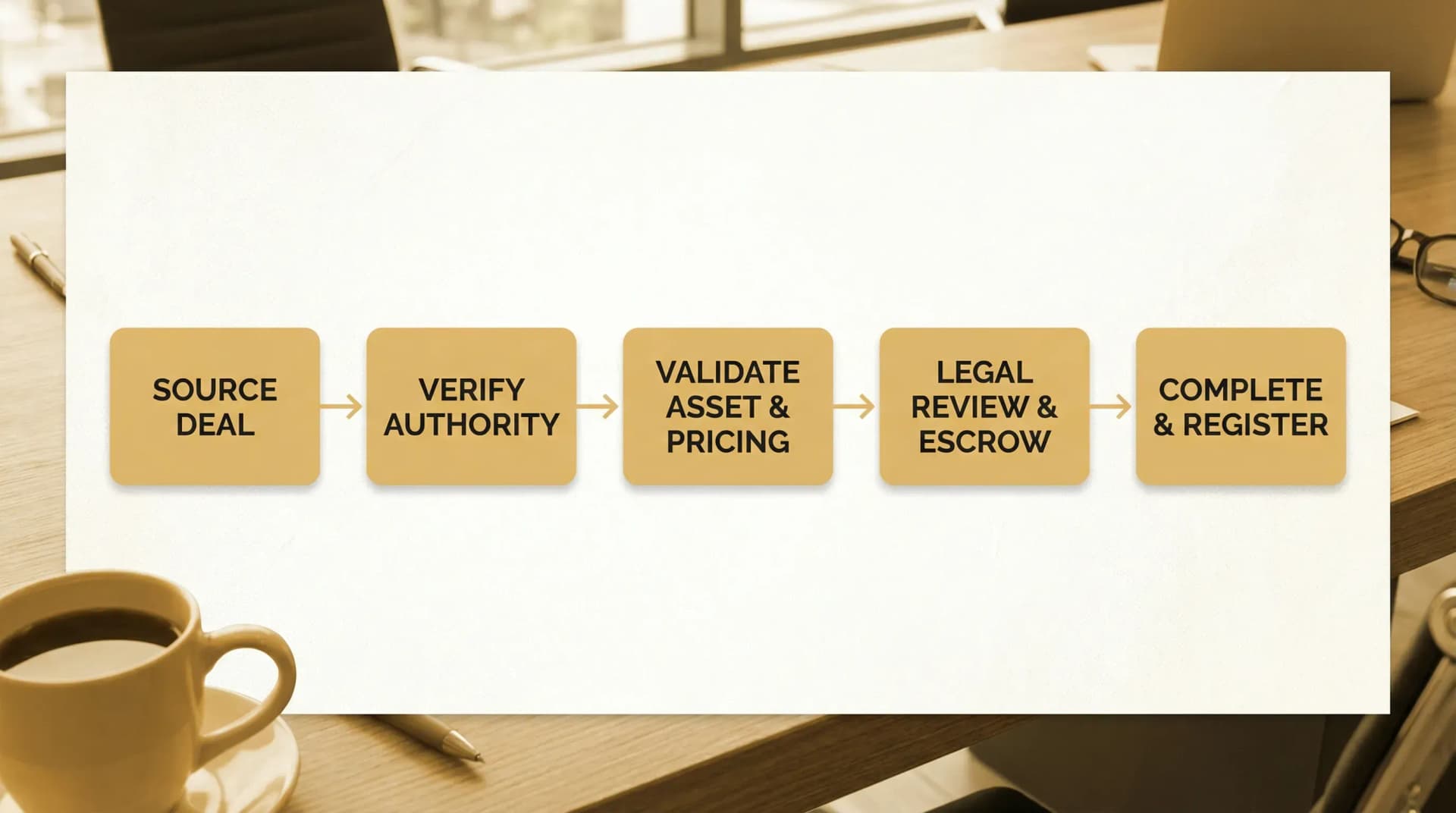 A simple flowchart showing an off-market real estate transaction: source deal, verify authority, validate asset and pricing, legal review and escrow, then complete and register.