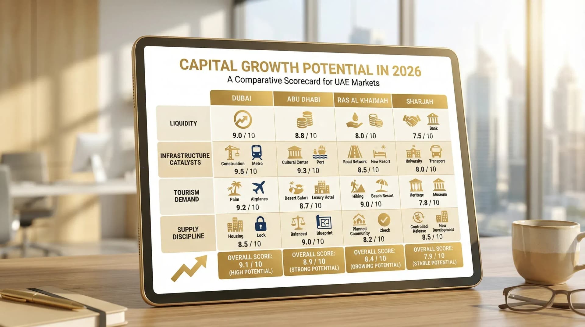 A clean comparison graphic showing a “capital growth potential in 2026” scorecard across Dubai, Abu Dhabi, Ras Al Khaimah and Sharjah, with four factors: liquidity, infrastructure catalysts, tourism demand, and supply discipline.