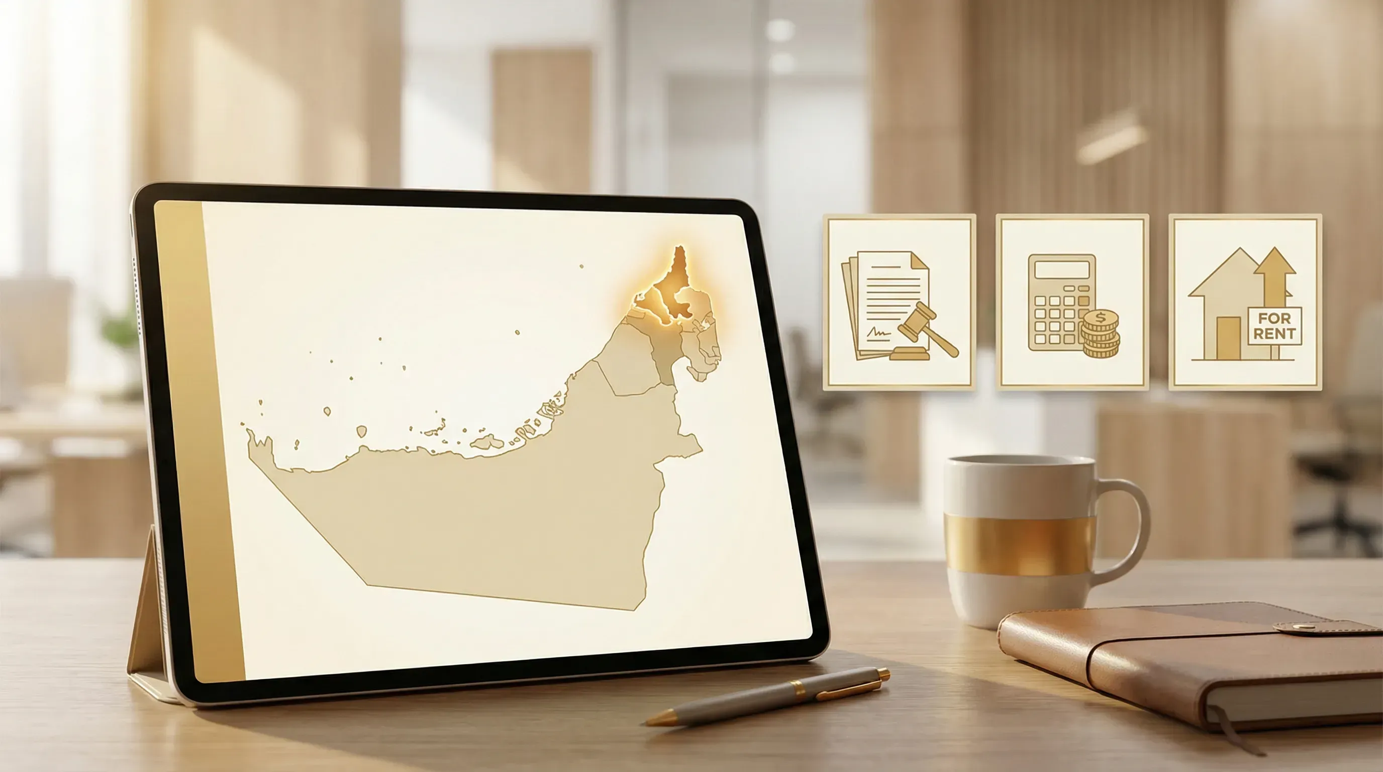 A simplified map of the UAE with Ras Al Khaimah highlighted, alongside icons representing due diligence topics like legal documents, finance, and rental demand.