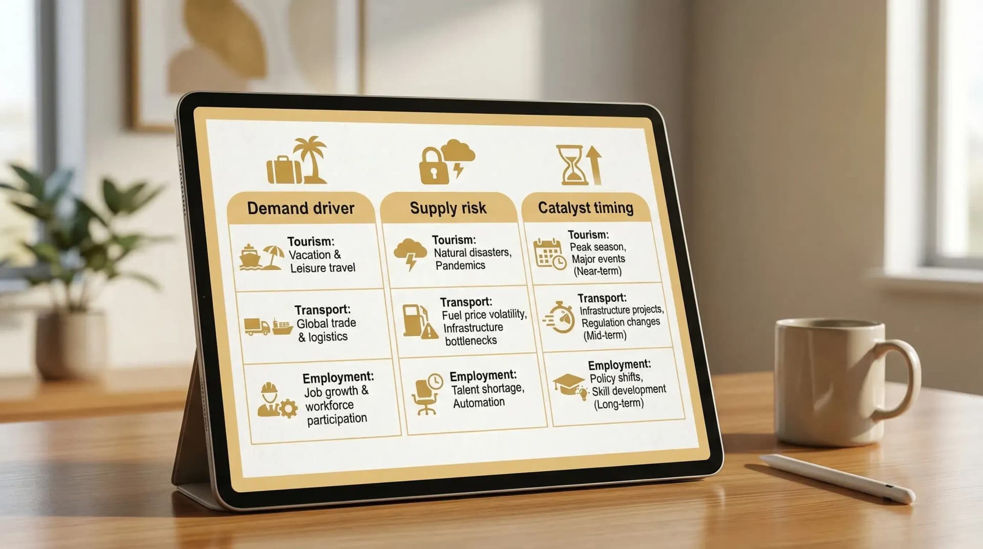 A clean comparison table graphic showing three columns labelled “Demand driver”, “Supply risk”, and “Catalyst timing”, with example icons for tourism, transport, and employment.