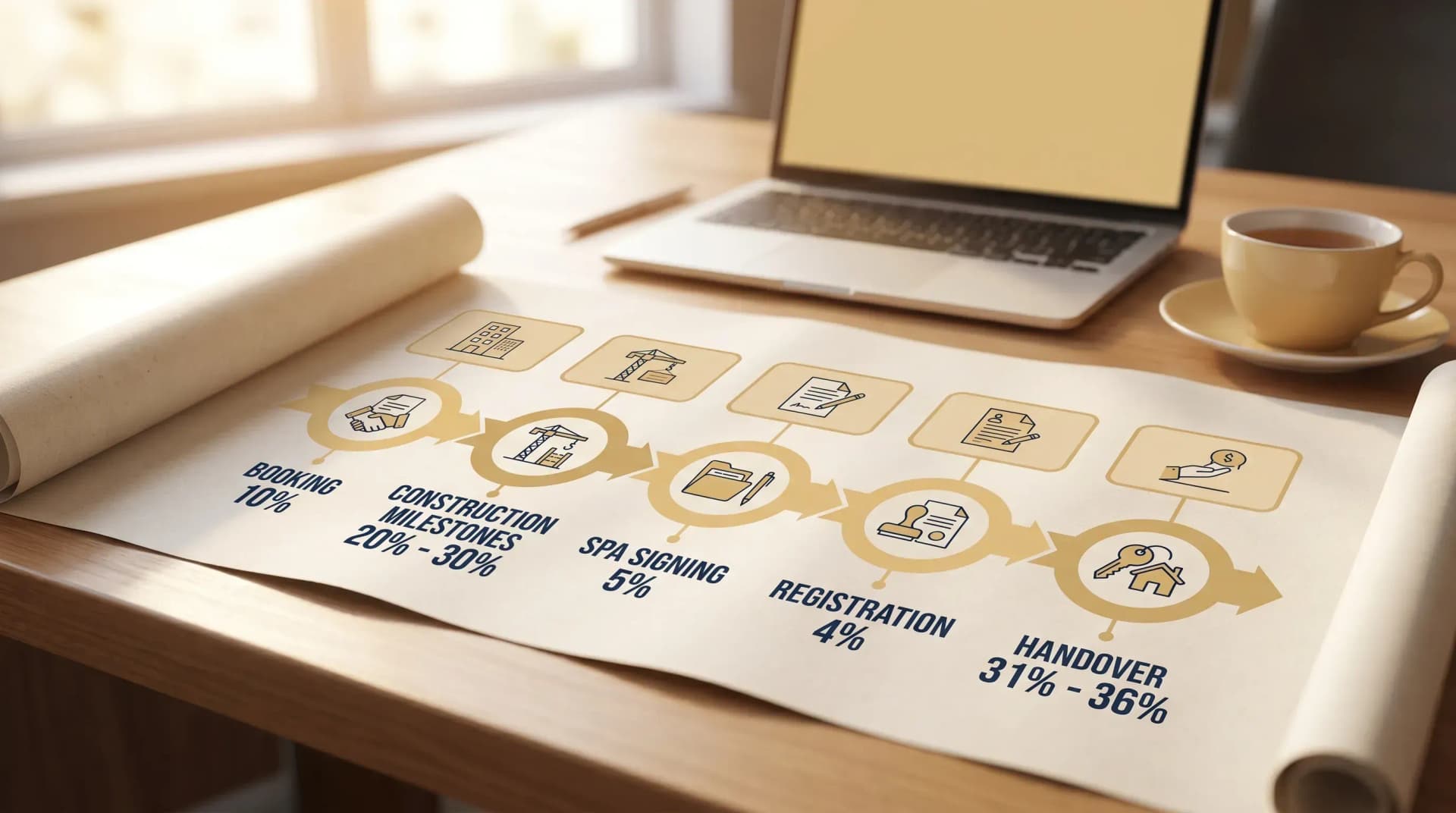 A simple timeline graphic showing an on-plan UAE property payment plan from booking to construction milestones to handover, with percentage payments at each stage and icons for key documents like the SPA and registration.