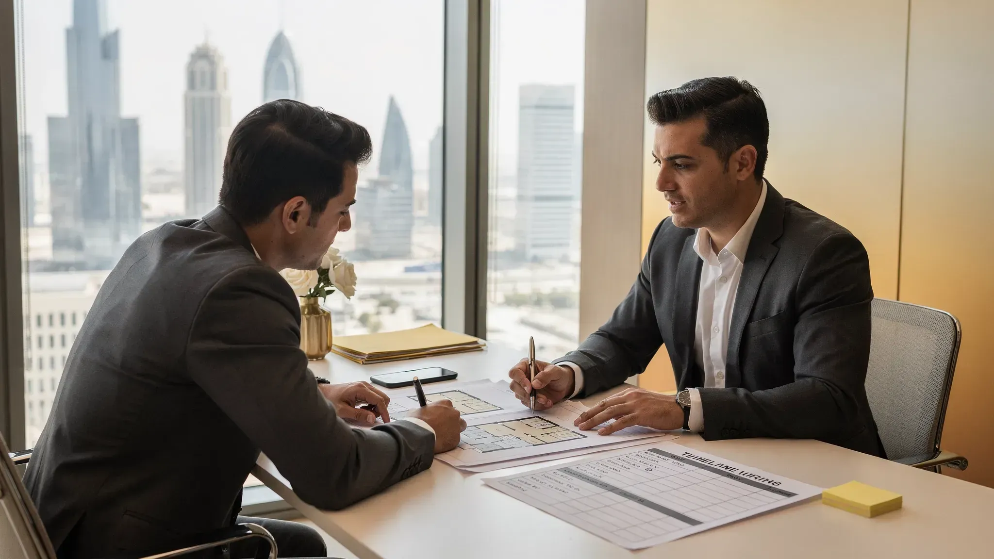 A professional meeting scene showing an advisor and an investor reviewing printed property plans and a timeline checklist, with a UAE skyline visible through a window in the background.