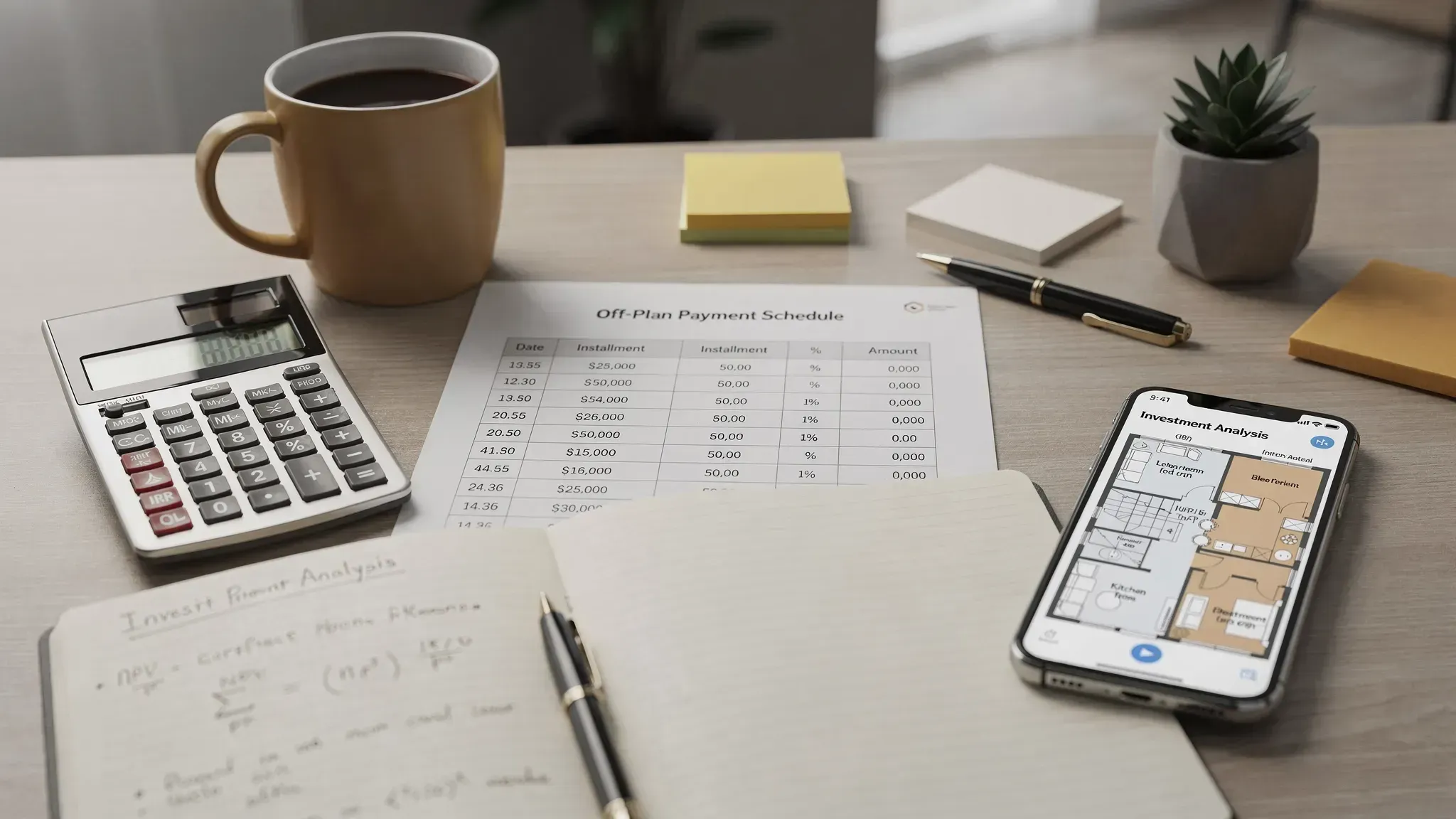 An investor’s desk with a printed off-plan payment schedule, a calculator, a notebook showing NPV/IRR notes, and a phone open to a property floor plan, suggesting careful analysis of developer incentives and cashflow timing.