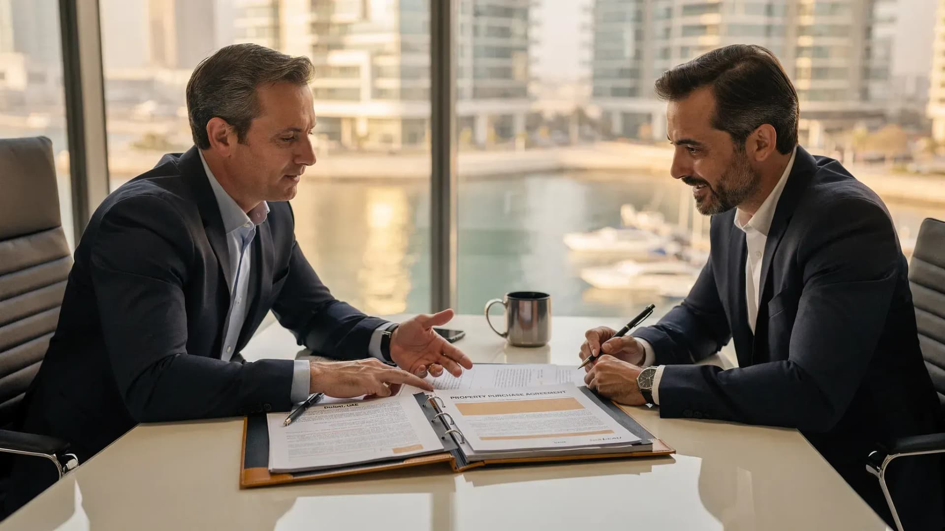 Two property investment partners reviewing a UAE property purchase folder at a table, with visible contract pages and a modern waterfront skyline in the background, conveying joint decision-making and due diligence.