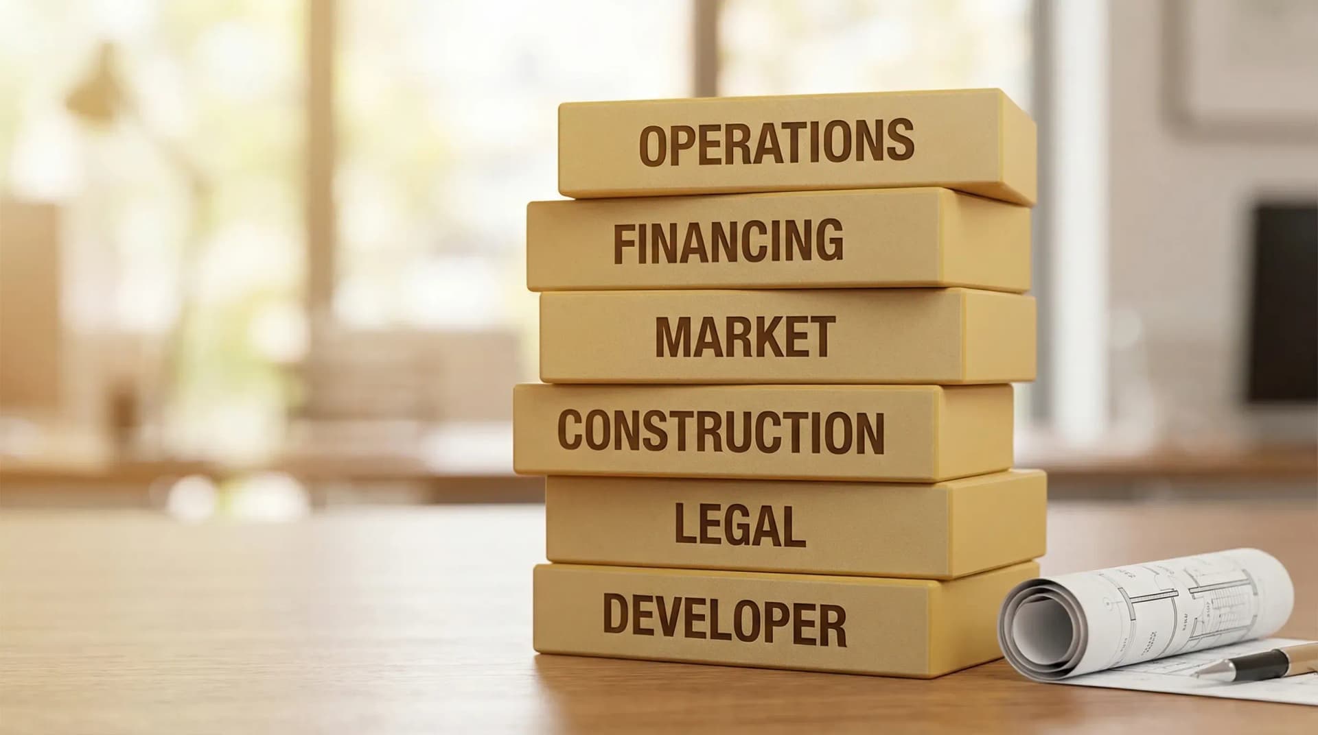 A simple risk stack illustration for off-plan property investment showing six labelled blocks: developer, legal, construction, market, financing, and operations, stacked from foundation to top to represent layered risk management.