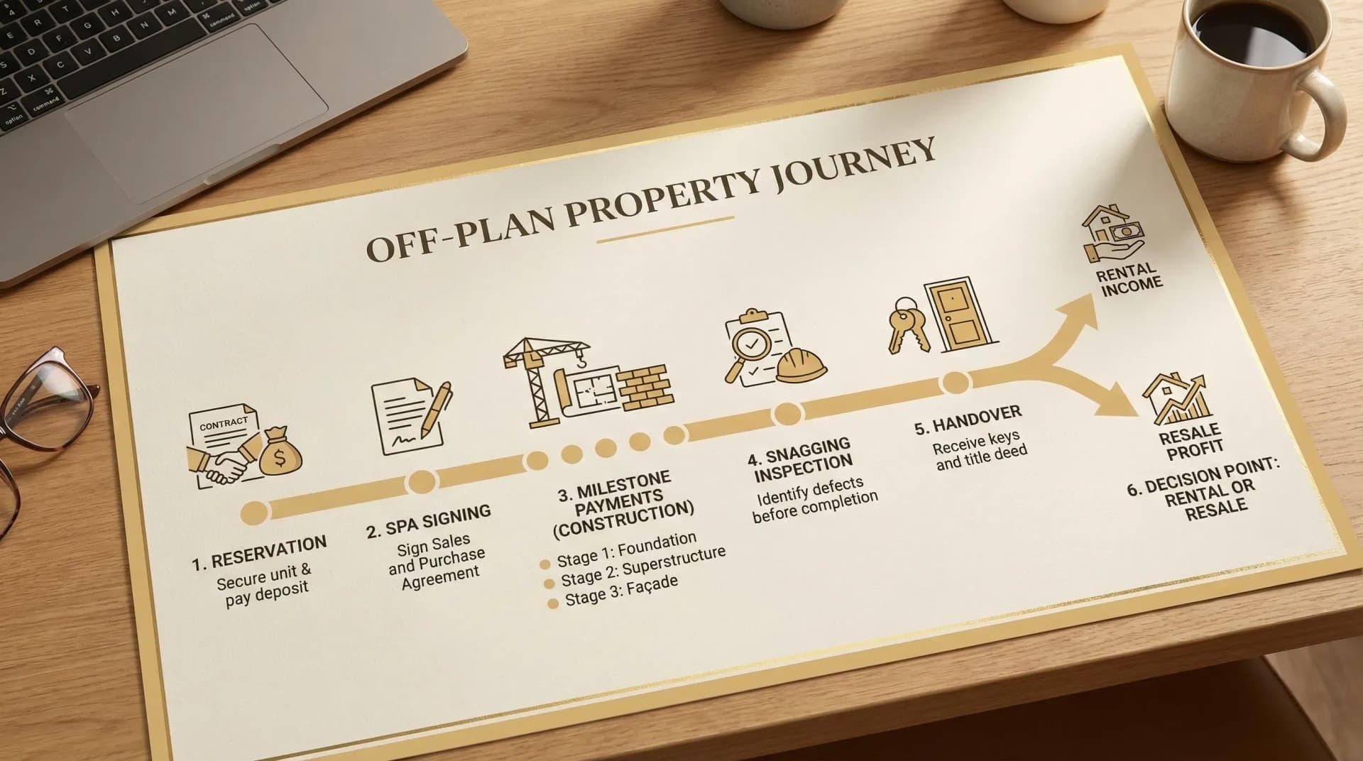 A timeline graphic for an off-plan purchase showing key stages: reservation, SPA signing, milestone payments during construction, snagging inspection, handover, and rental or resale decision point.