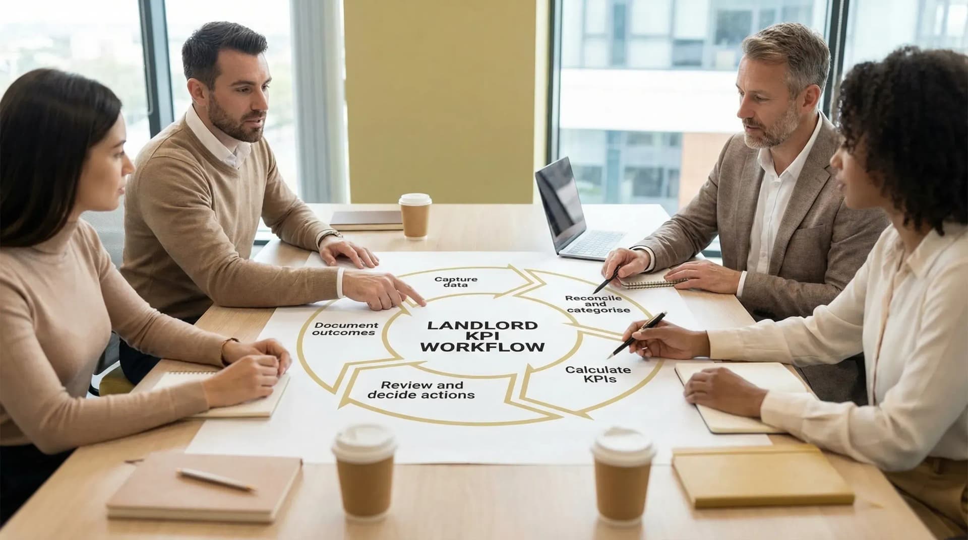 A simple landlord KPI workflow diagram showing five steps in a loop: Capture data, Reconcile and categorise, Calculate KPIs, Review and decide actions, Document outcomes.