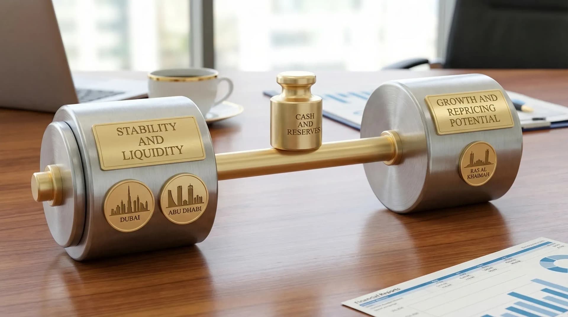 A simple portfolio allocation diagram showing a barbell strategy: on the left, “Stability and liquidity” with Dubai and Abu Dhabi; on the right, “Growth and repricing potential” with Ras Al Khaimah; in the middle, a small “Cash and reserves” buffer.
