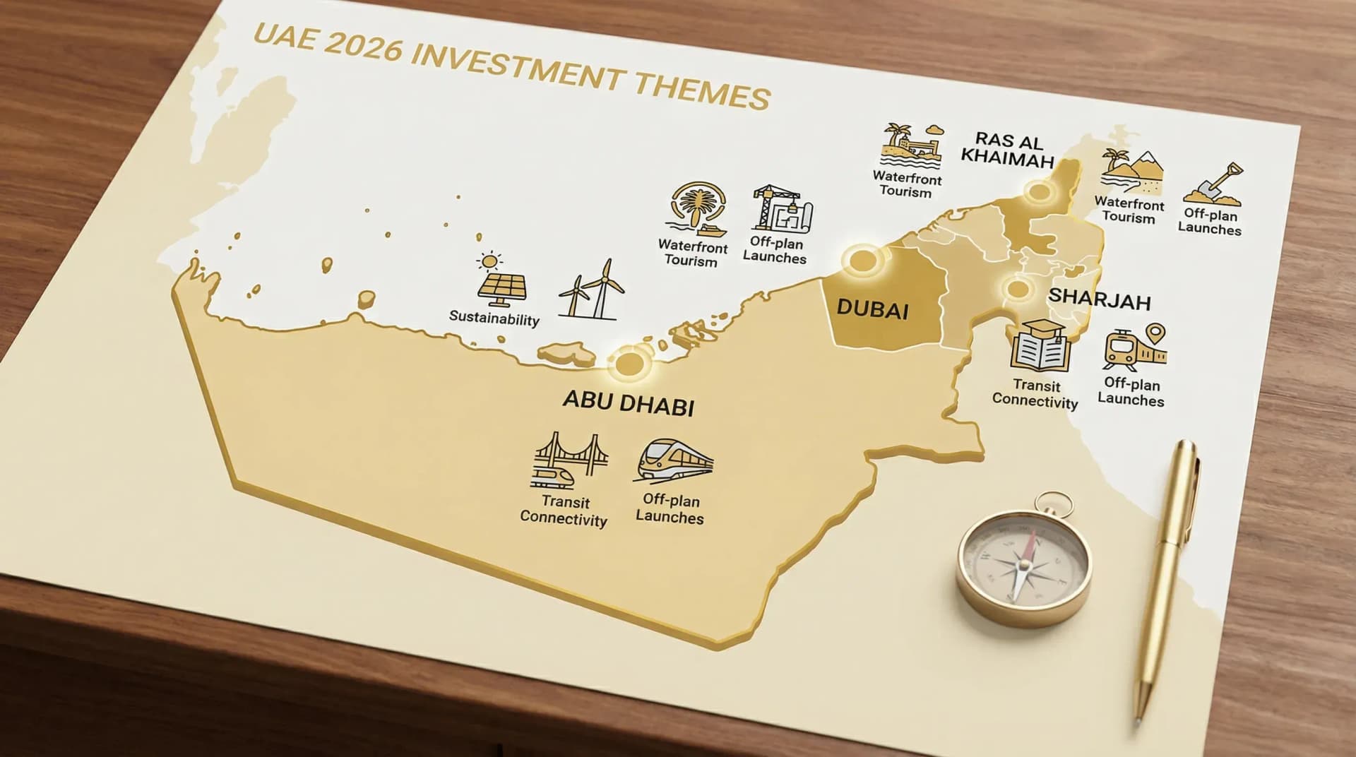 A simplified UAE map highlighting Dubai, Abu Dhabi, Ras Al Khaimah and Sharjah, with small icons representing key 2026 investment themes: waterfront tourism, transit connectivity, sustainability, and off-plan launches.