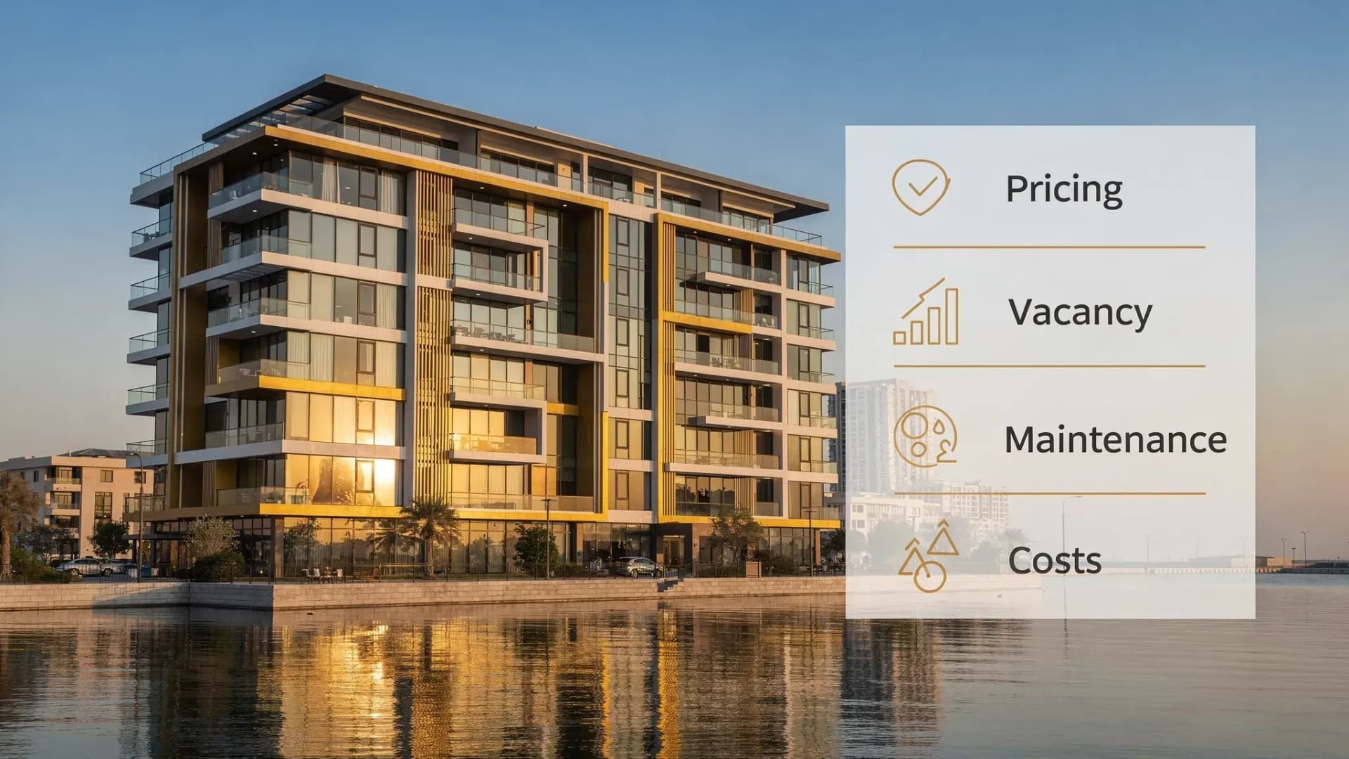 A premium waterfront apartment building in Ras Al Khaimah with a simple overlay concept showing the four net yield levers: pricing, vacancy, maintenance, and costs.