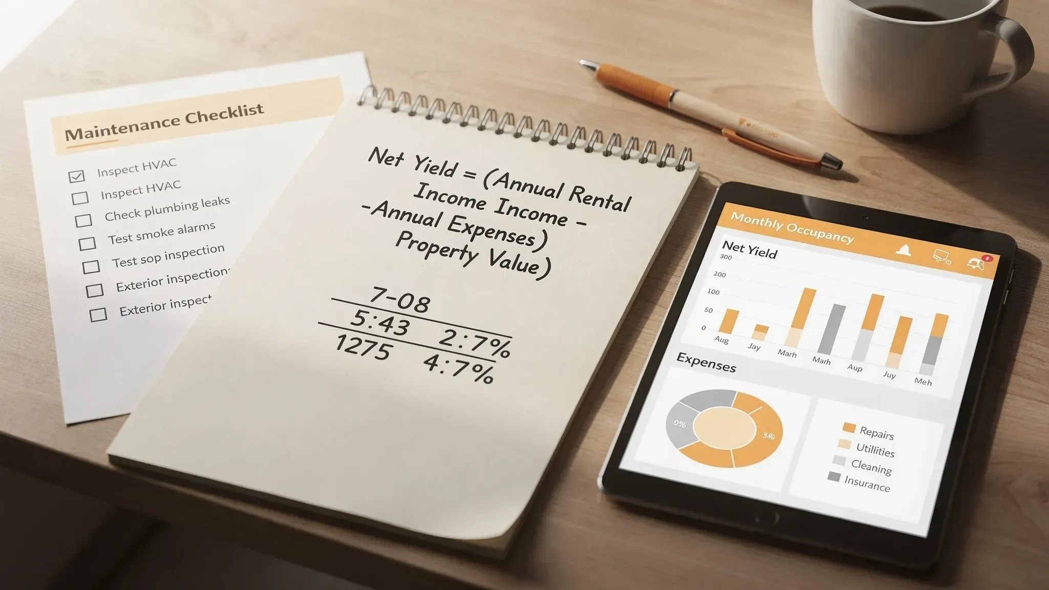 A property management reporting scene showing a notebook with a net yield formula, a maintenance checklist, and a tablet displaying monthly occupancy and expense categories (screen facing the viewer).