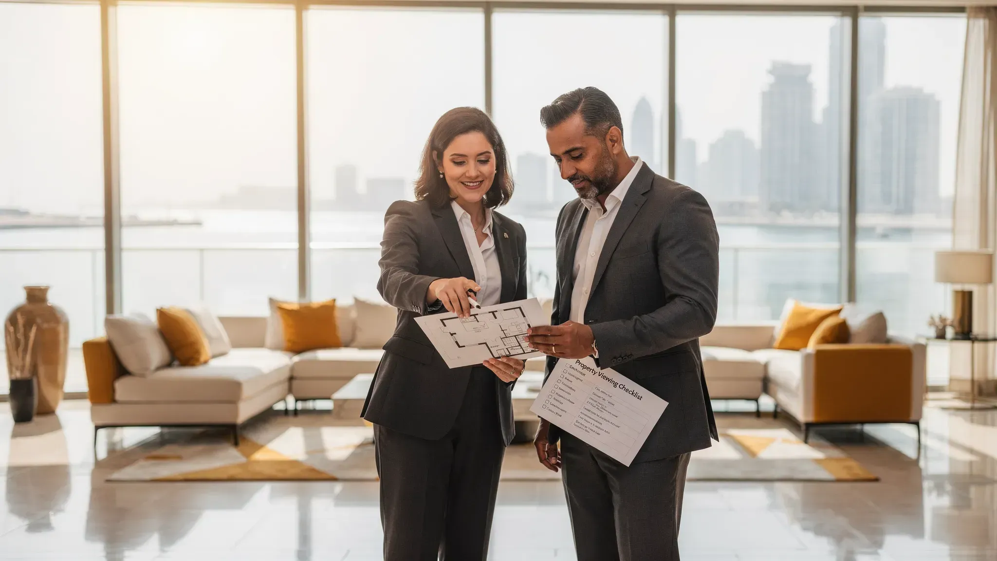 A discreet luxury property viewing in the UAE: an advisor and buyer stand in a bright, modern apartment living room reviewing a printed floor plan and a checklist, with large windows showing a waterfront skyline in the distance.