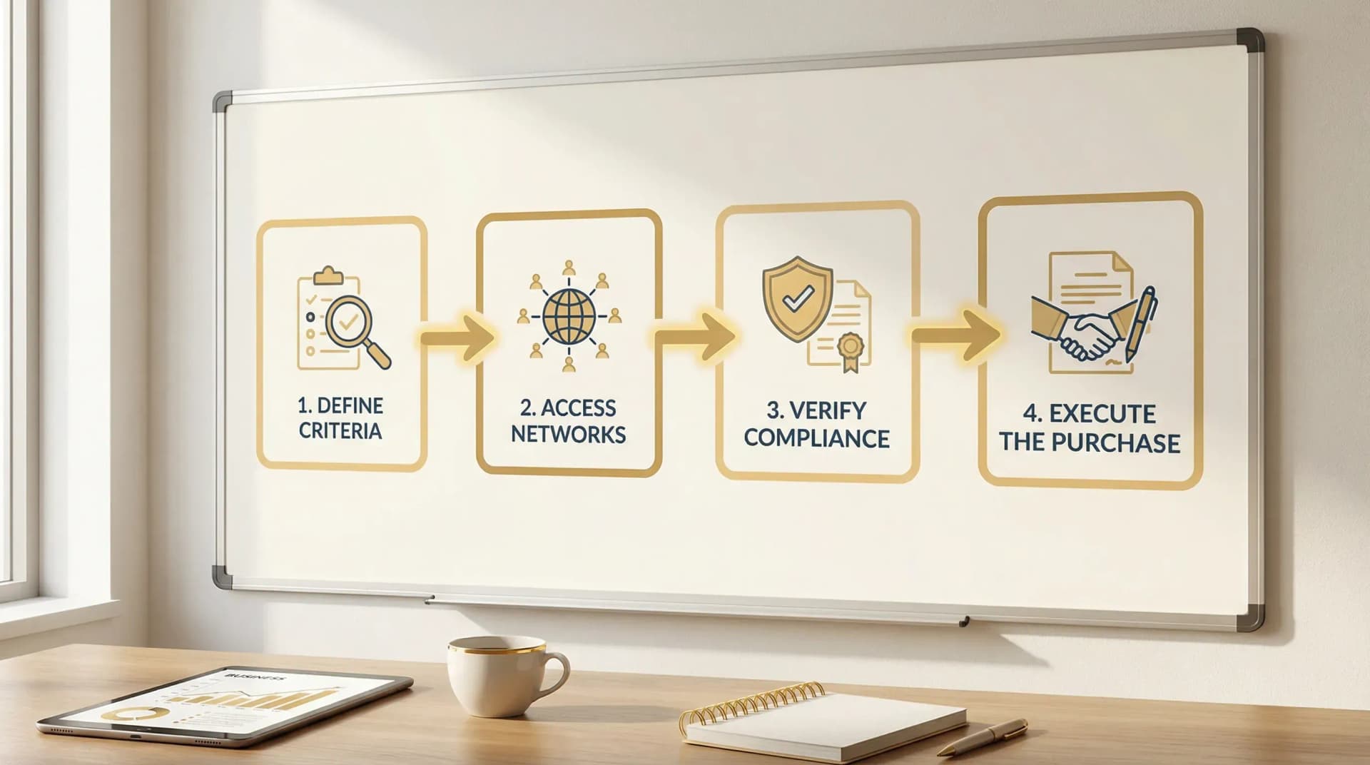 A simple four-step flow diagram showing the off-market buying process: Define criteria, Access networks, Verify compliance, Execute the purchase. Each step is represented by a clear box connected by arrows.