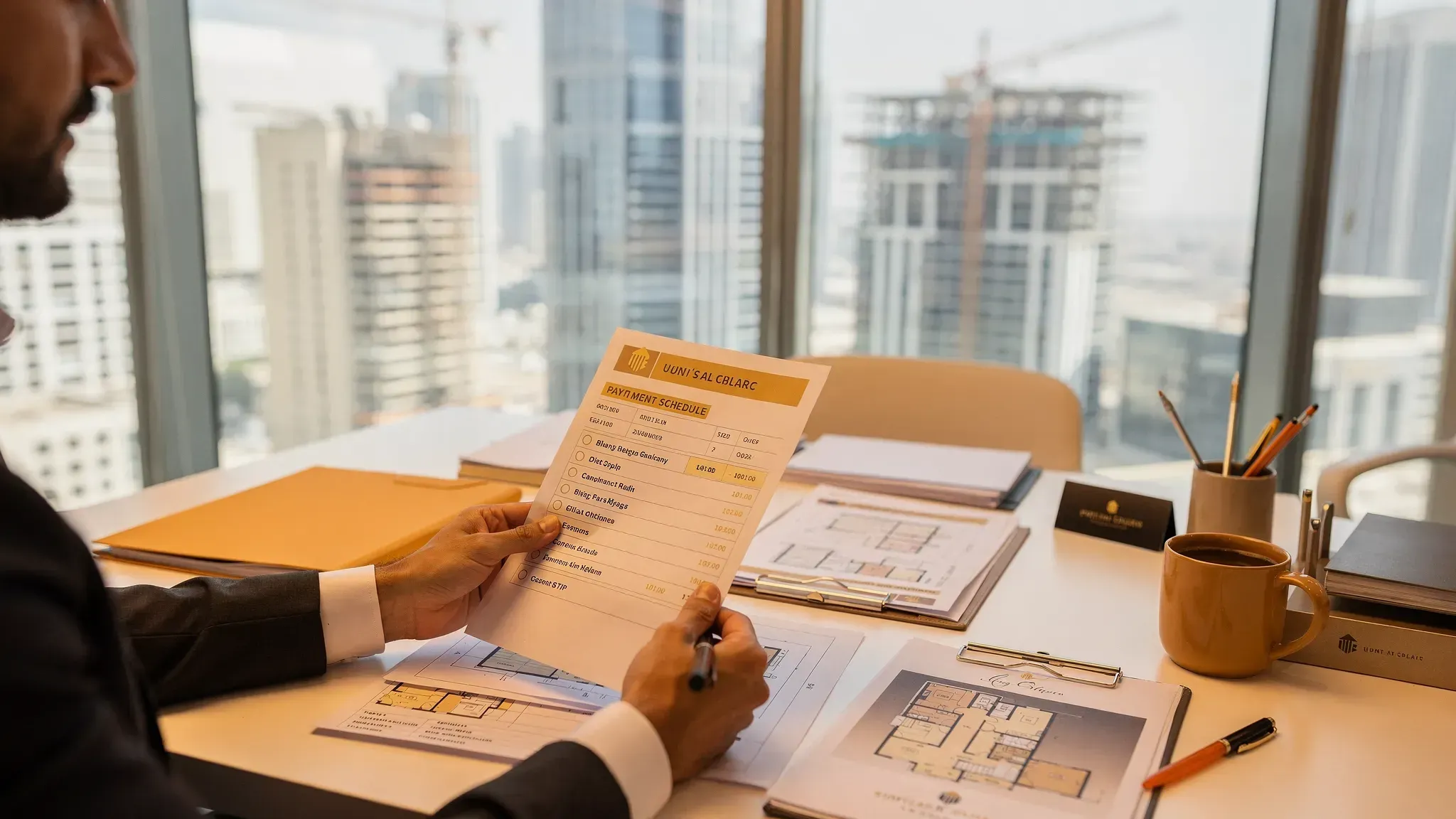 A UAE off-plan property buyer reviewing a printed checklist next to architectural floor plans and a payment schedule, with a city skyline in the background and documents neatly organised on a desk.