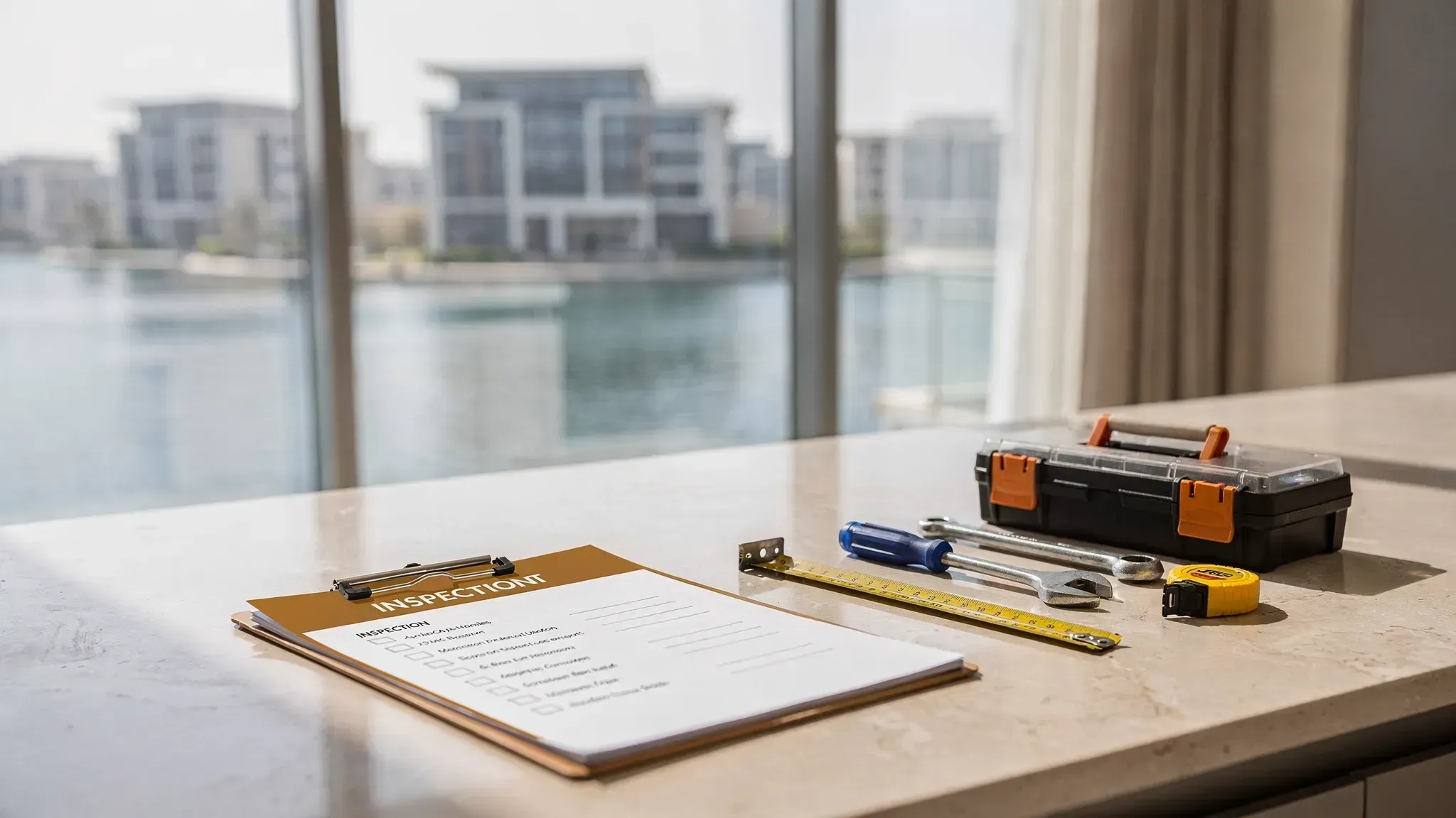 A newly handed-over UAE apartment interior with a clipboard inspection checklist on a countertop, maintenance tools nearby, and sunlight through large windows facing a waterfront community.