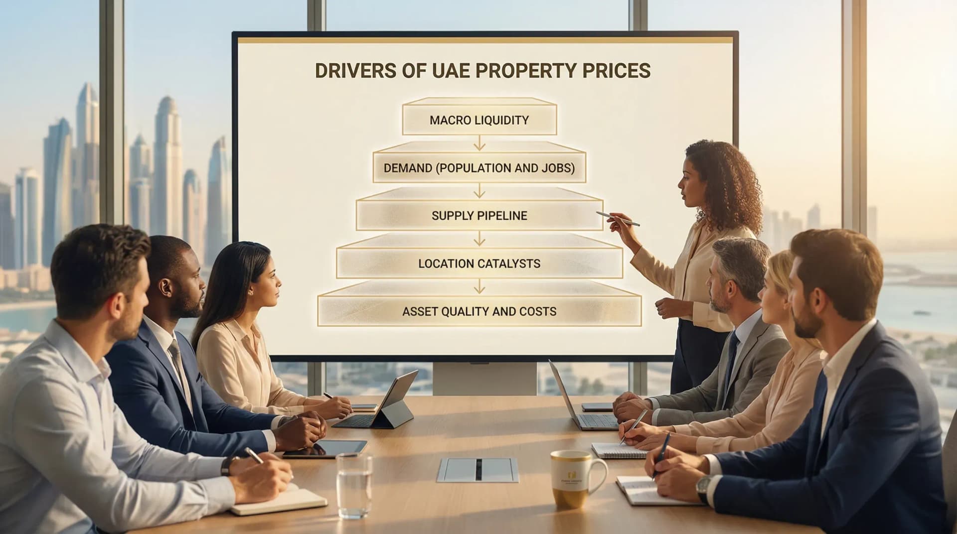 A simple 5-layer diagram showing what drives UAE property prices: Macro liquidity, Demand (population and jobs), Supply pipeline, Location catalysts, Asset quality and costs.