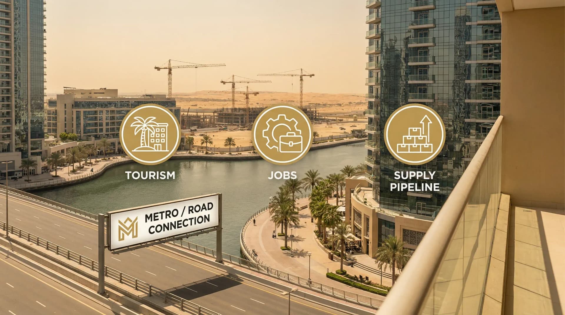 A high-level illustration of UAE real estate price drivers: a waterfront community with cranes in the distance, a metro/road connection sign, and icons representing tourism, jobs, and supply pipeline.