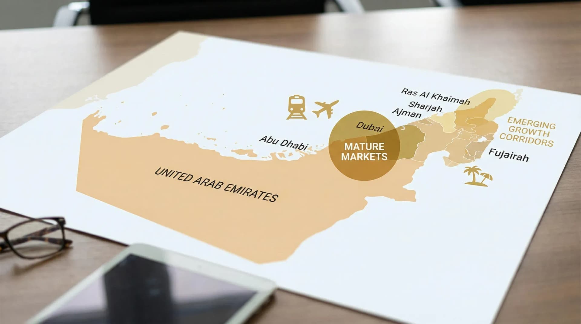 A simple UAE map highlighting Dubai and Abu Dhabi as mature markets and Ras Al Khaimah, Sharjah, Ajman, and Fujairah as emerging growth corridors, with icons for rail, airports, and resort zones.
