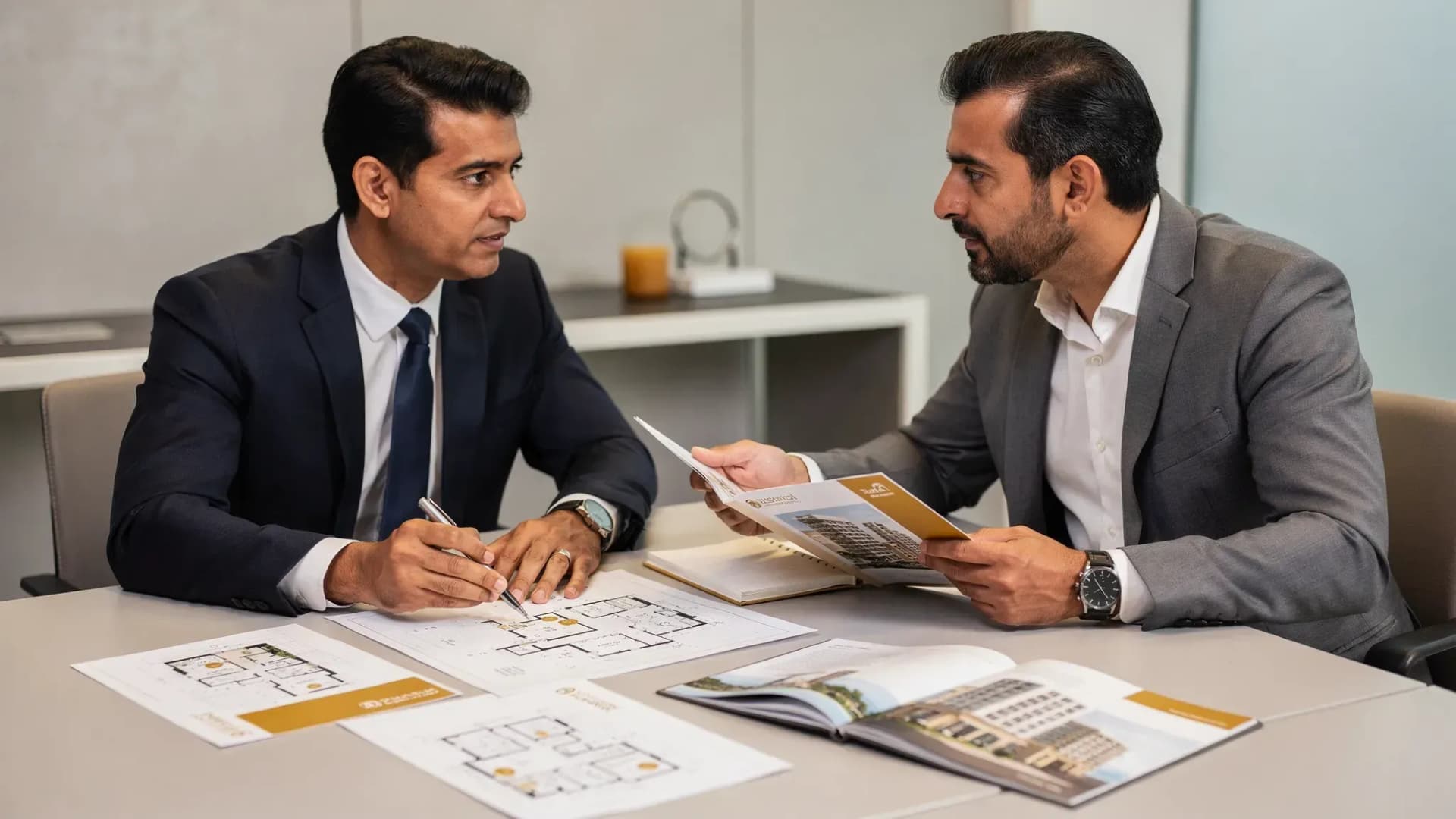 A professional real estate consultation setting in the UAE, with an advisor and an investor reviewing printed floor plans and a project brochure on a table, with a neutral background and no visible screens.