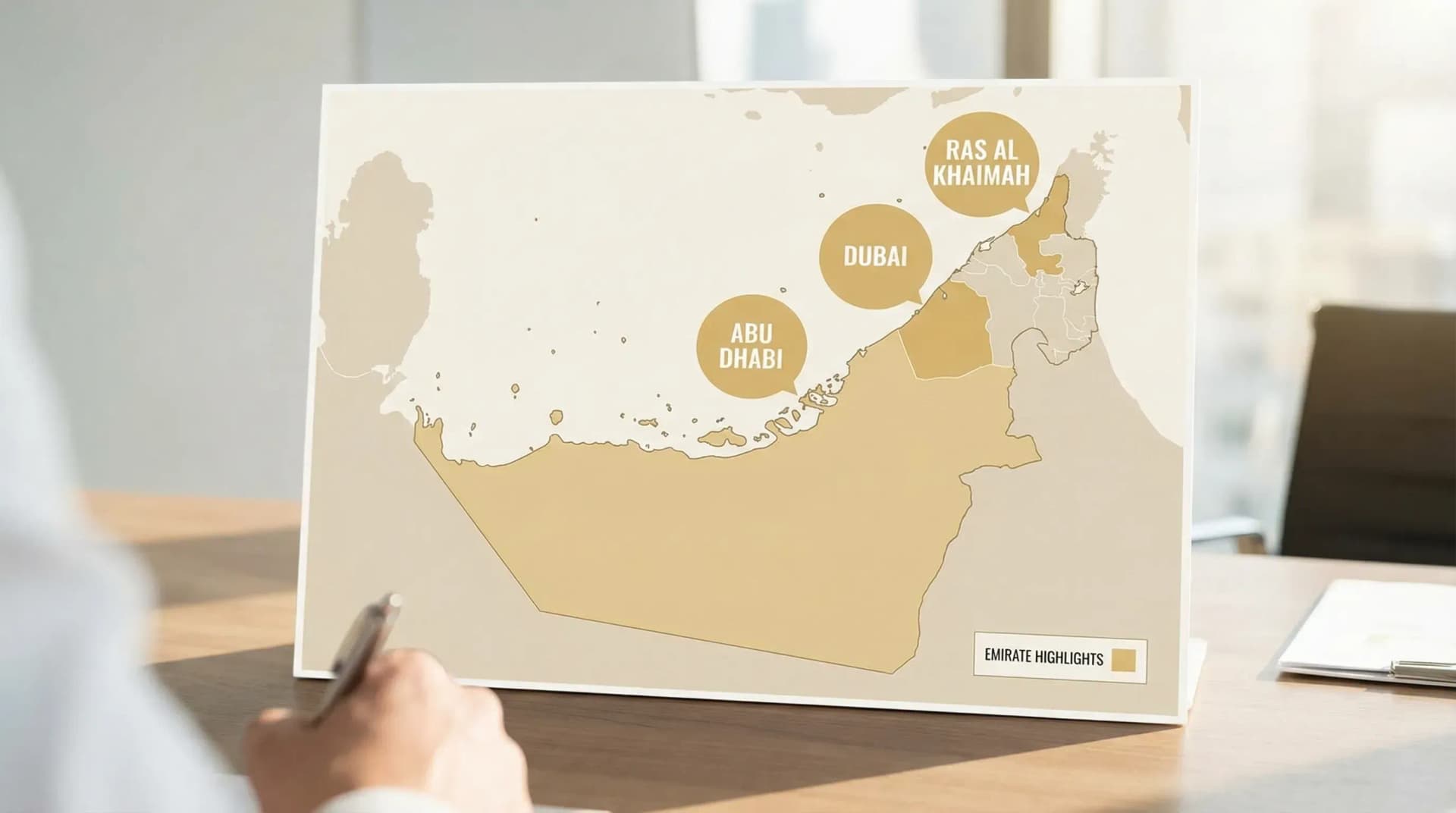A clean, labelled map of the United Arab Emirates highlighting Dubai, Abu Dhabi, and Ras Al Khaimah, with simple callouts for each emirate and a minimal legend.