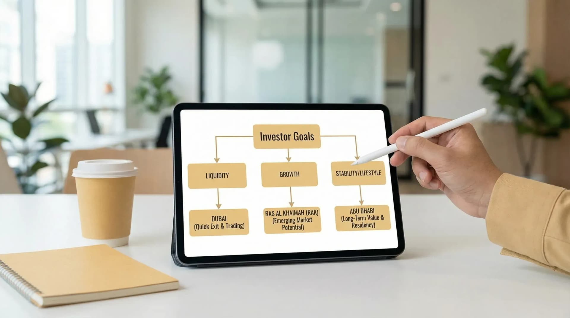 A simple decision flowchart with three branches labelled Dubai, Ras Al Khaimah (RAK), and Abu Dhabi, based on investor goals: liquidity, growth, or stability/lifestyle.