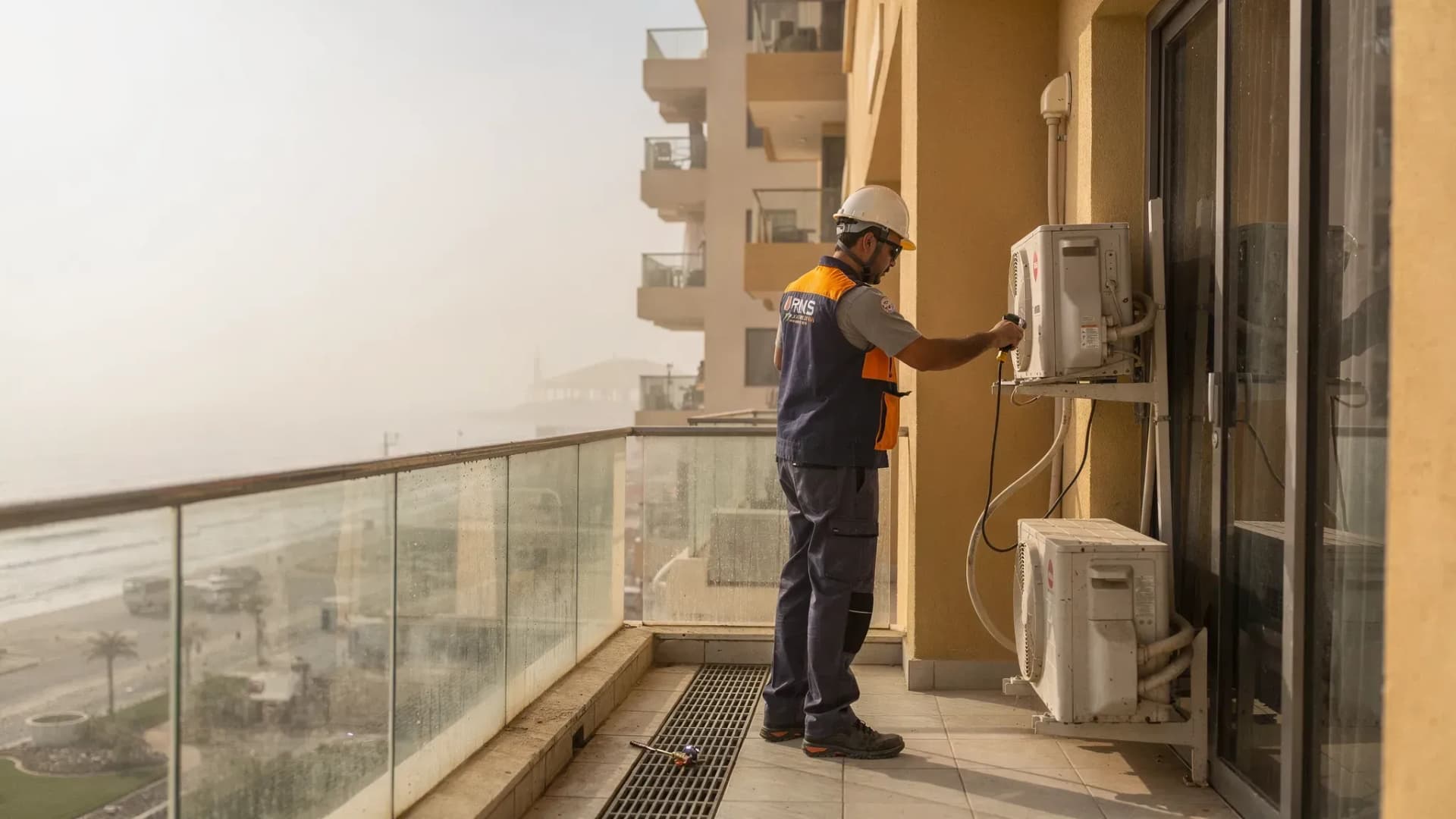 A RAK waterfront apartment building with visible sea air conditions and a maintenance professional inspecting an exterior AC unit and balcony drainage, highlighting preventative upkeep in coastal properties.
