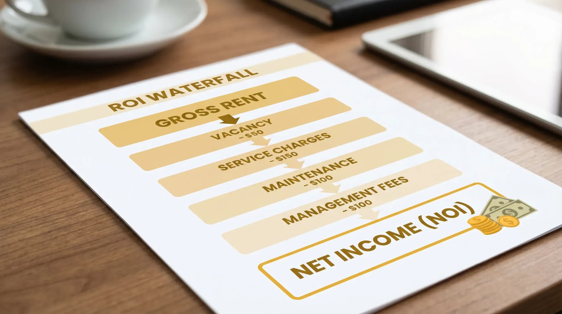 A simple “ROI waterfall” graphic showing gross rent at the top flowing down through vacancy, service charges, maintenance, management fees, and ending at net income (NOI).