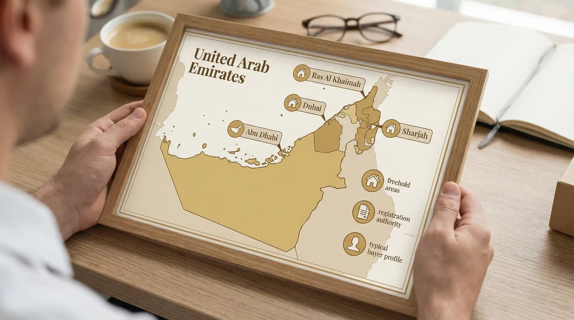 A simplified illustrated map of the UAE showing key emirates (Dubai, Abu Dhabi, Ras Al Khaimah, Sharjah) with small callouts for “freehold areas”, “registration authority”, and “typical buyer profile” icons.