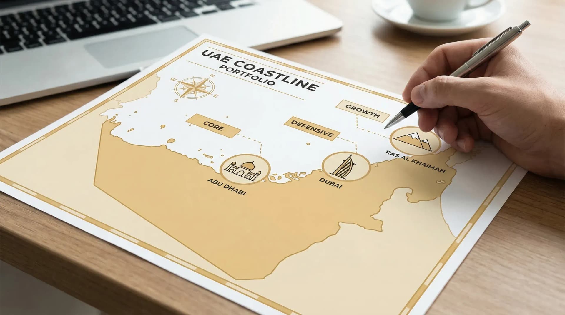 A clean illustrated map-style overview of the UAE coastline with icons representing Dubai, Abu Dhabi and Ras Al Khaimah, plus simple callouts for “core”, “defensive” and “growth” portfolio roles.