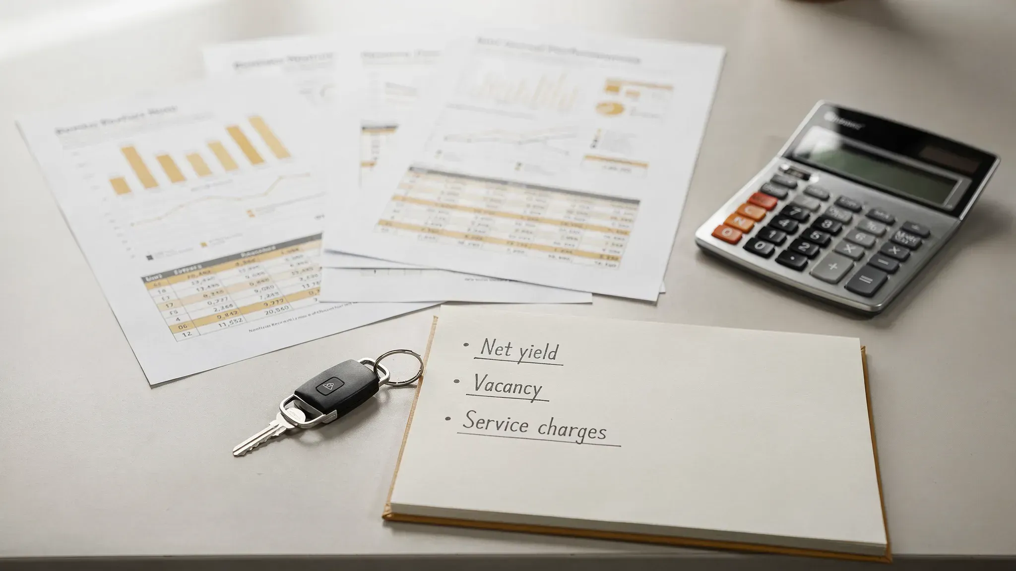 A simple tabletop scene showing printed rental performance reports, a calculator, a key fob, and a notepad with headings “Net yield”, “Vacancy”, and “Service charges”, suggesting disciplined portfolio tracking.