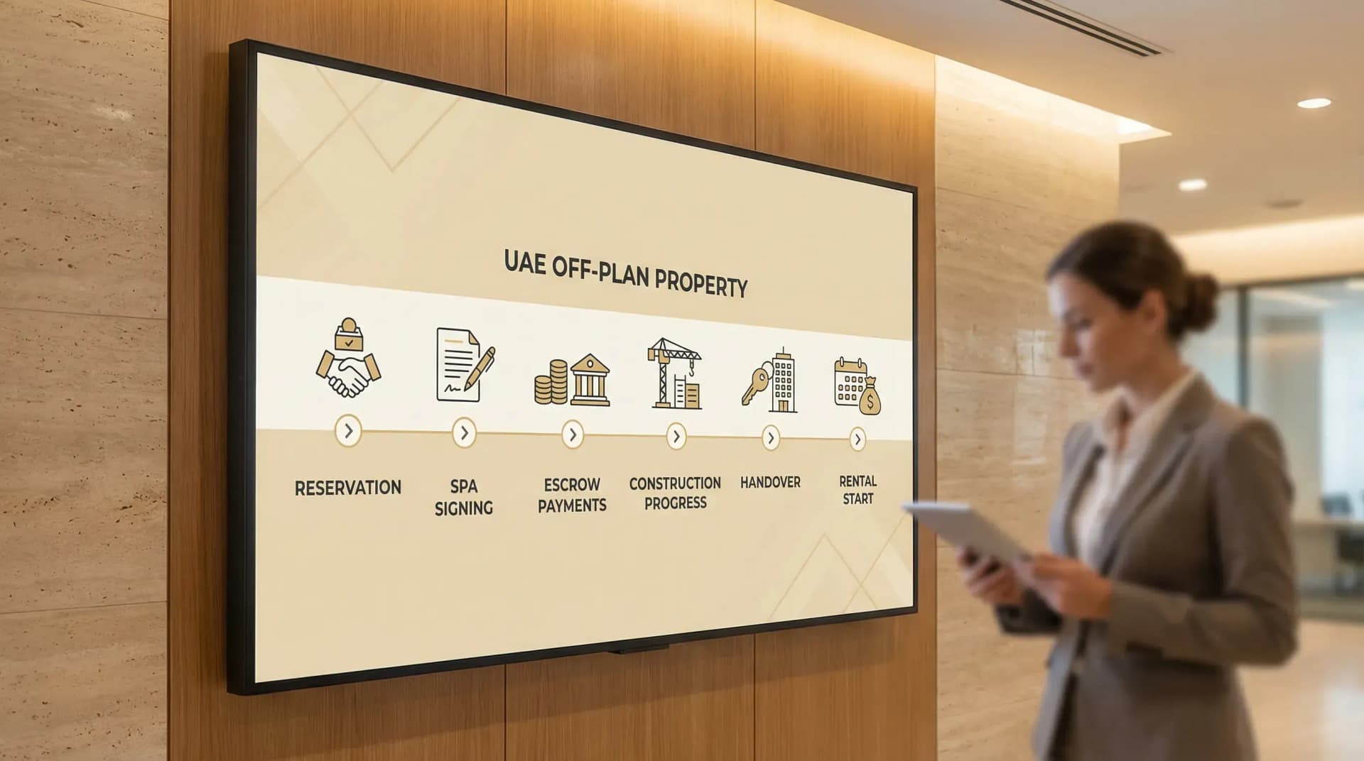 A clean illustration showing an investor timeline for an off-plan UAE property purchase, with milestones for reservation, SPA signing, escrow payments, construction progress, handover, and rental start.