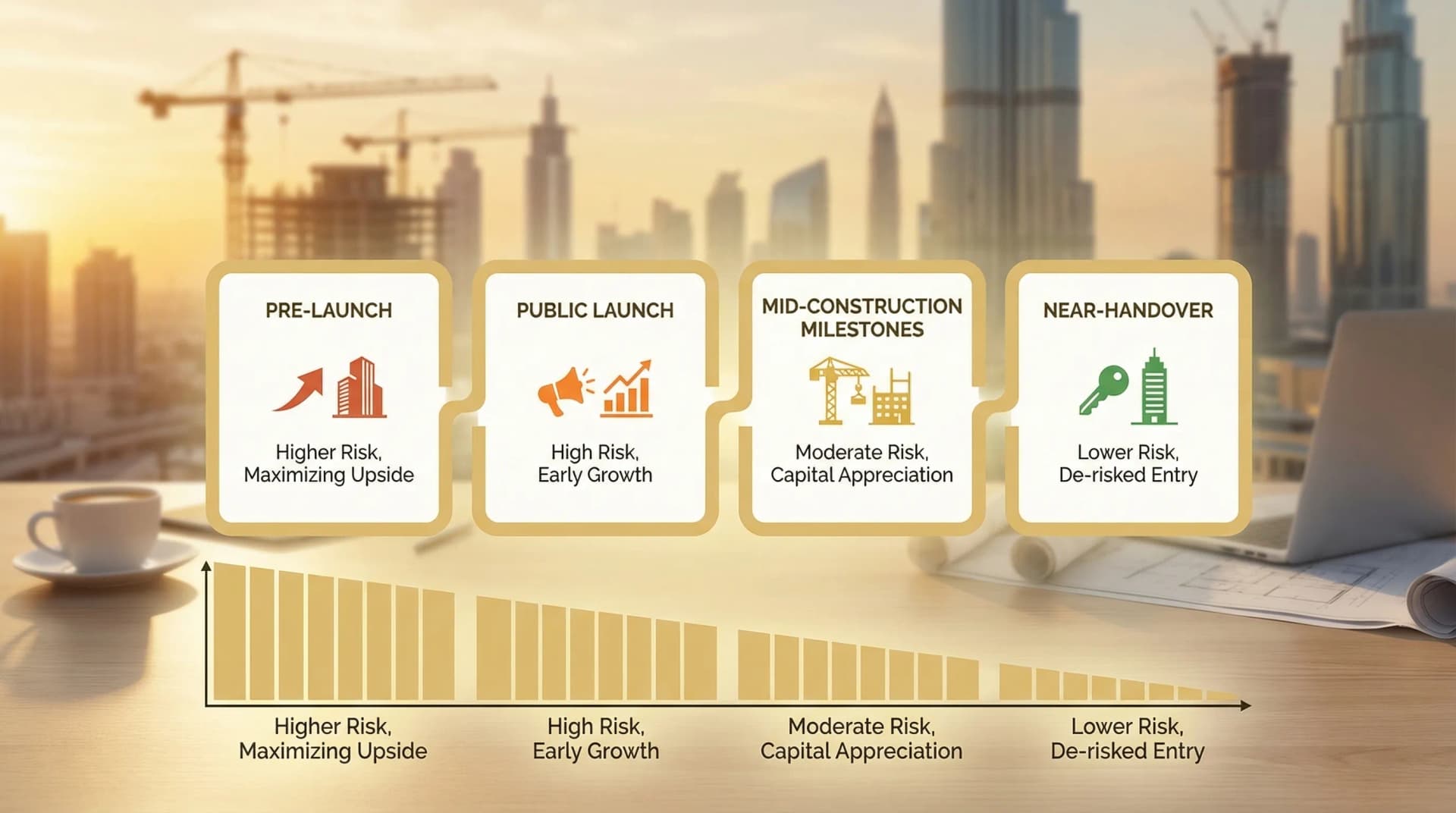 A simple horizontal timeline showing four stages of a UAE off-plan project: Pre-launch, Public launch, Mid-construction milestones, Near-handover. Under each stage, show a small icon for risk level (higher to lower) and a note on typical investor objective (max upside to de-risked entry).
