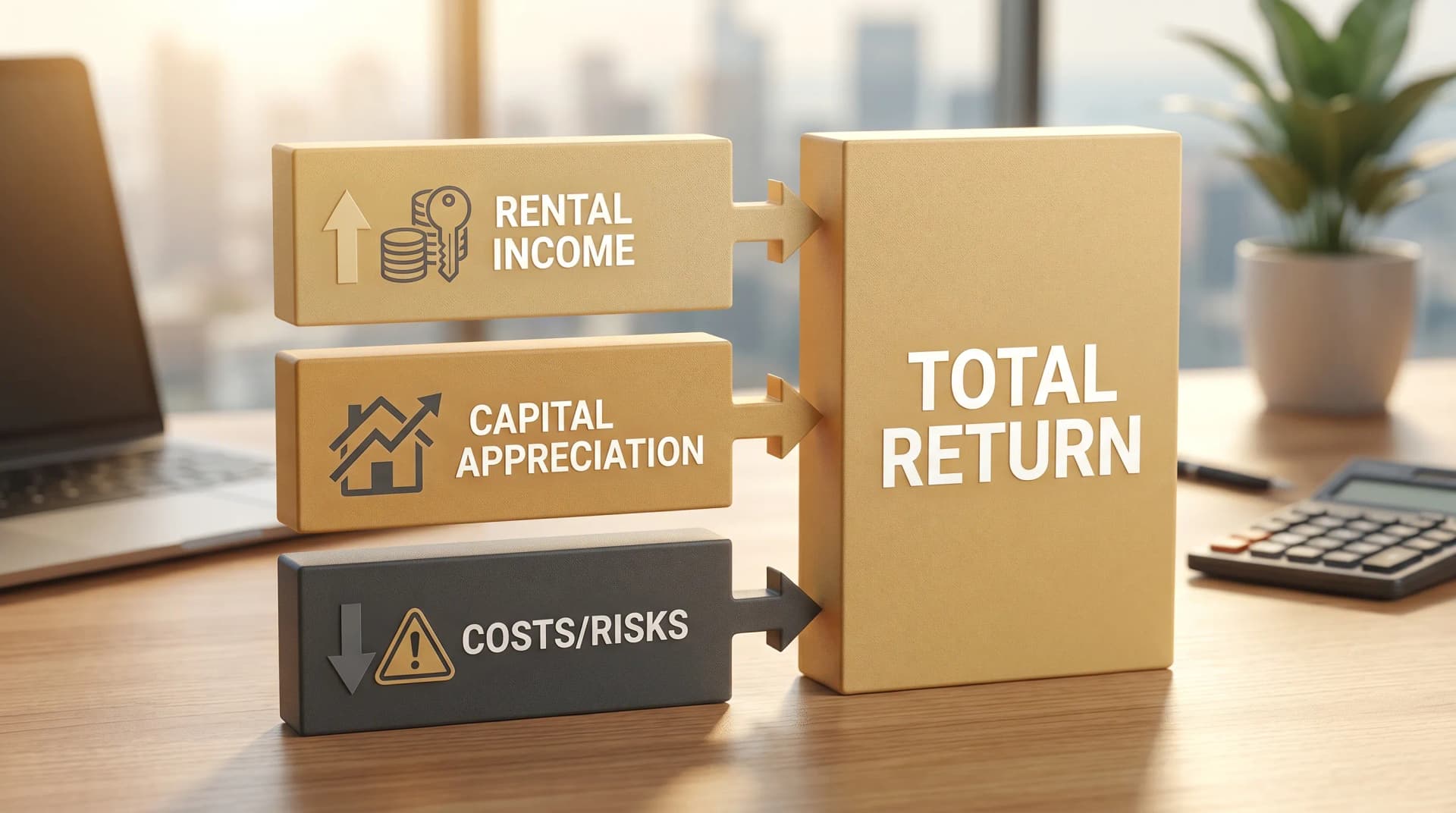 A simple three-part diagram showing total property return made up of rental income, capital appreciation, and costs/risks, with each component represented by a labelled block feeding into “Total Return”.