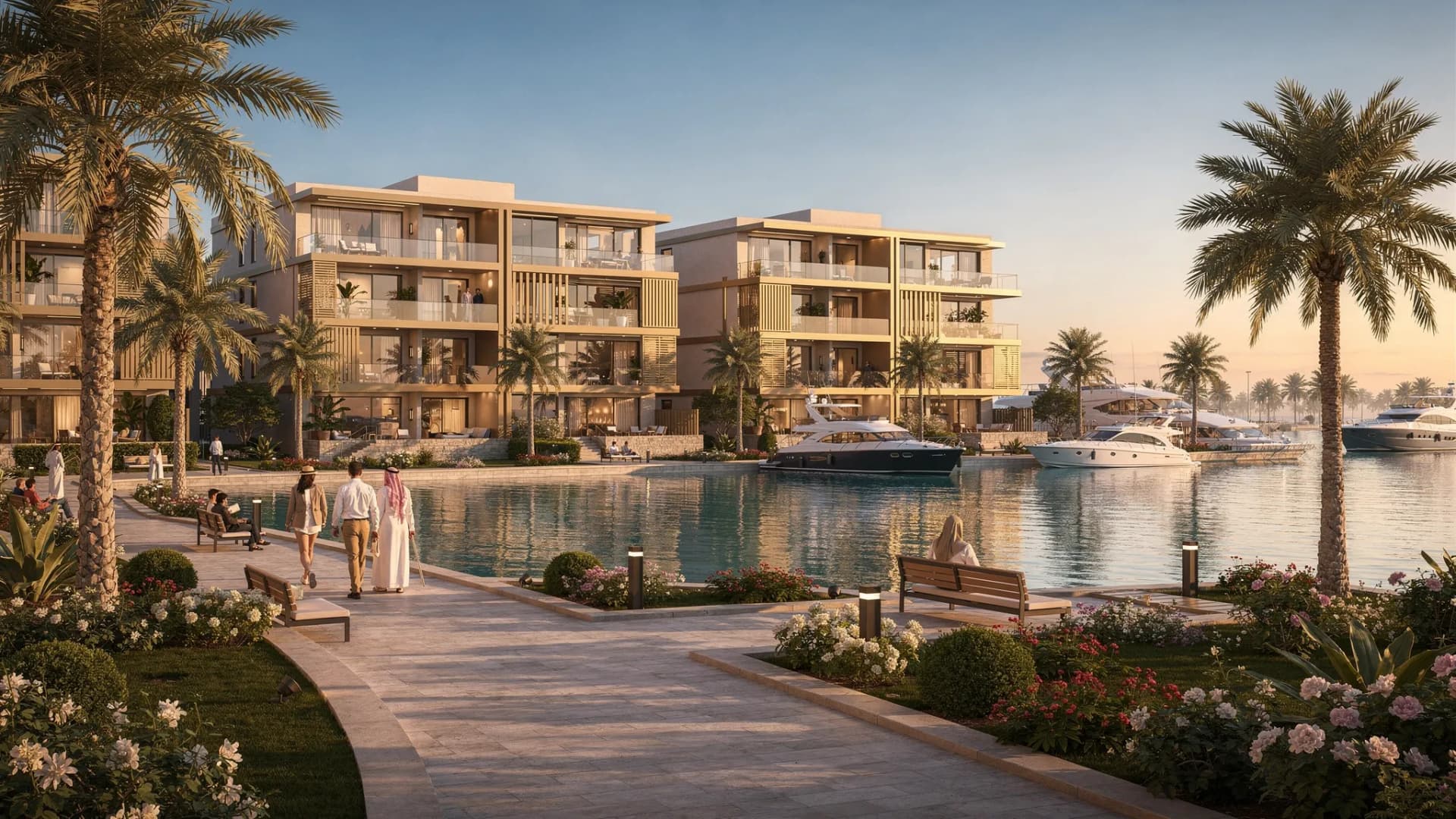 A modern luxury waterfront residential development in the UAE with landscaped walkways, palm trees, and a marina setting in the background, representing premium investment property.