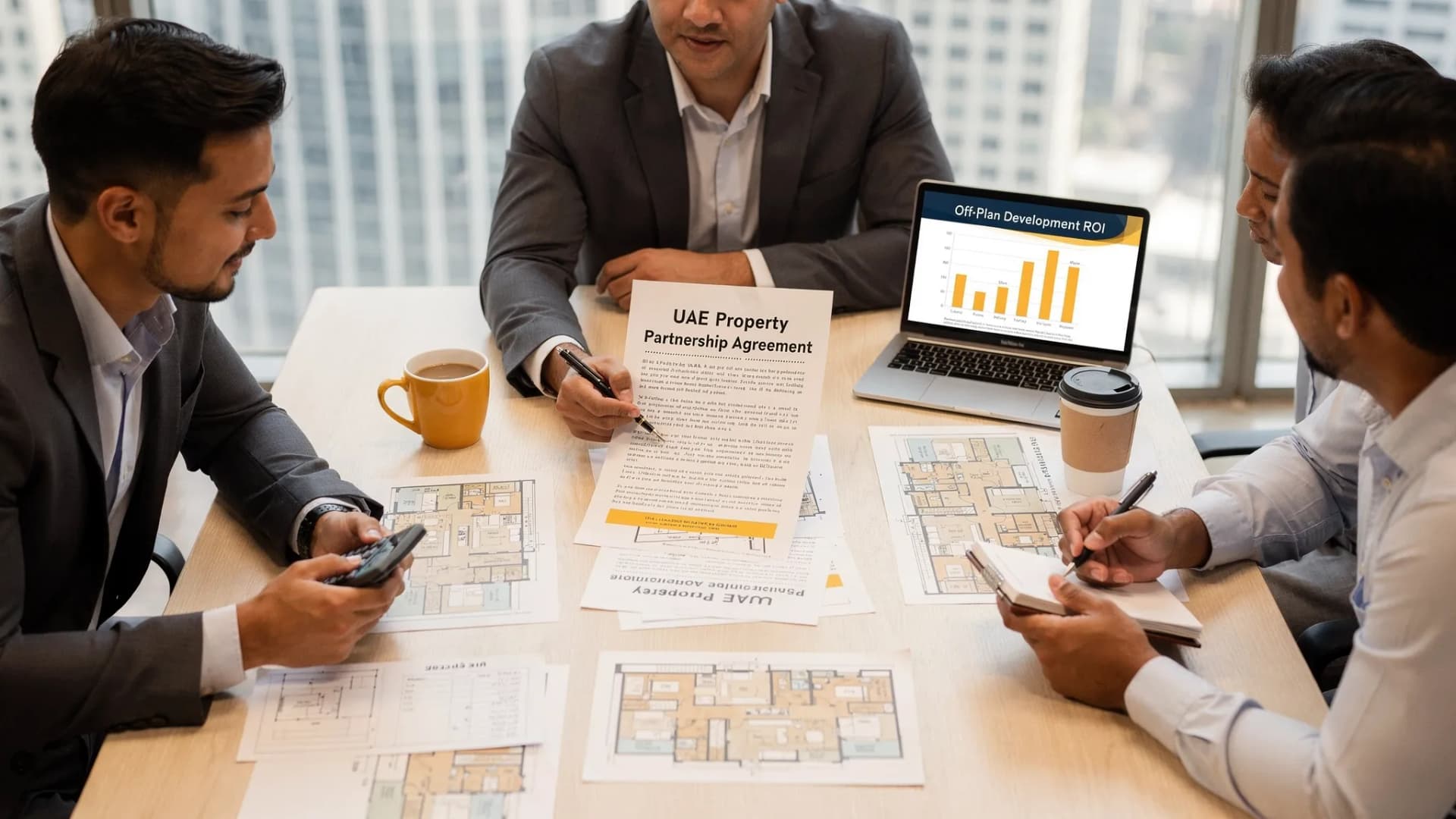 Two property investors and an adviser reviewing a printed UAE property partnership agreement beside floor plans and financial notes for an off-plan development.
