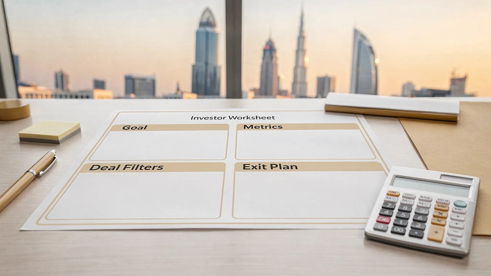 A simple investor worksheet on a desk showing four boxes labelled Goal, Metrics, Deal Filters, and Exit Plan, with a calculator and a UAE skyline in the background.