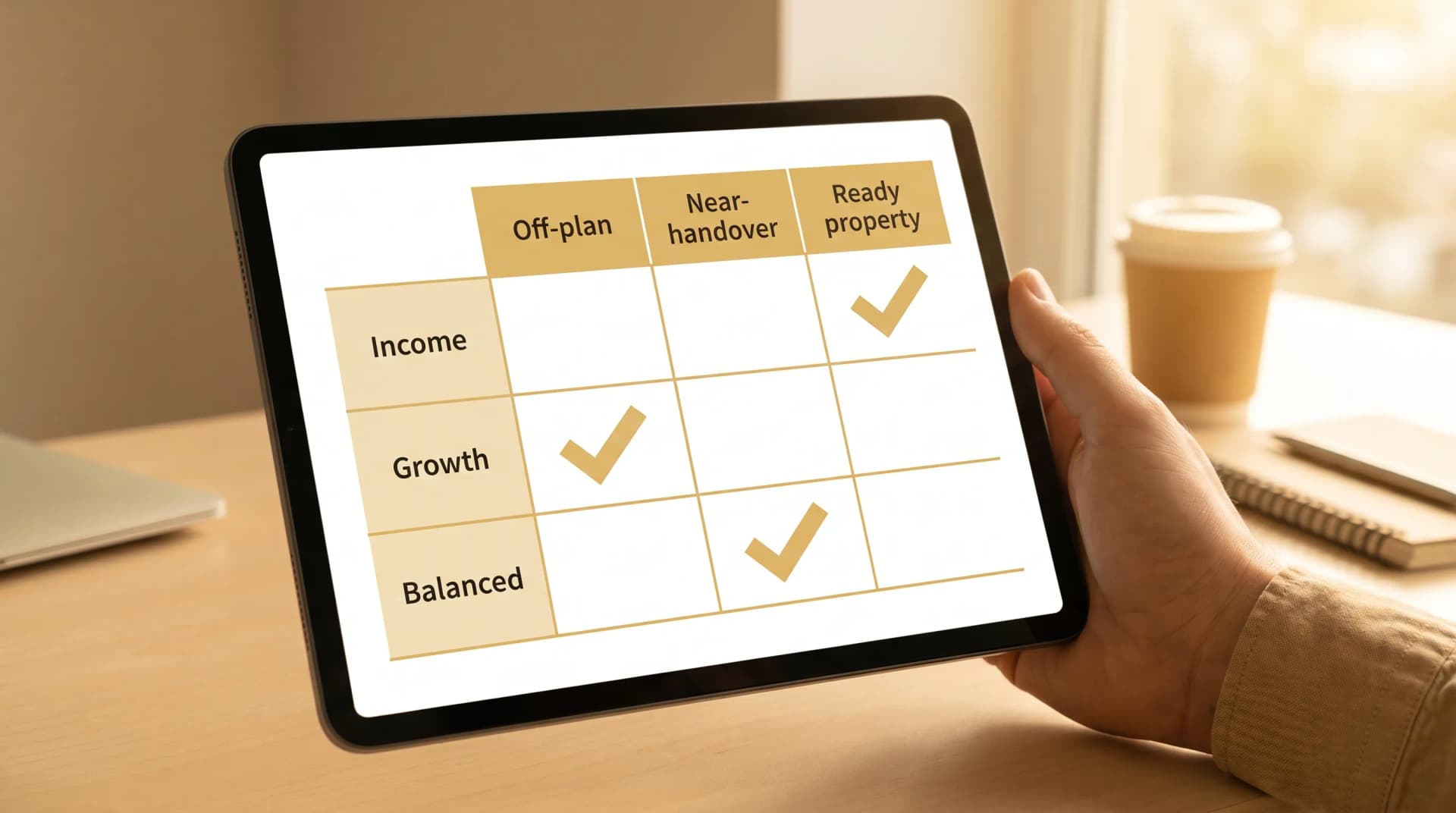 A simple decision matrix chart with three rows for Income, Growth, and Balanced, and columns for Off-plan, Near-handover, and Ready property, showing checkmarks for best-fit combinations.