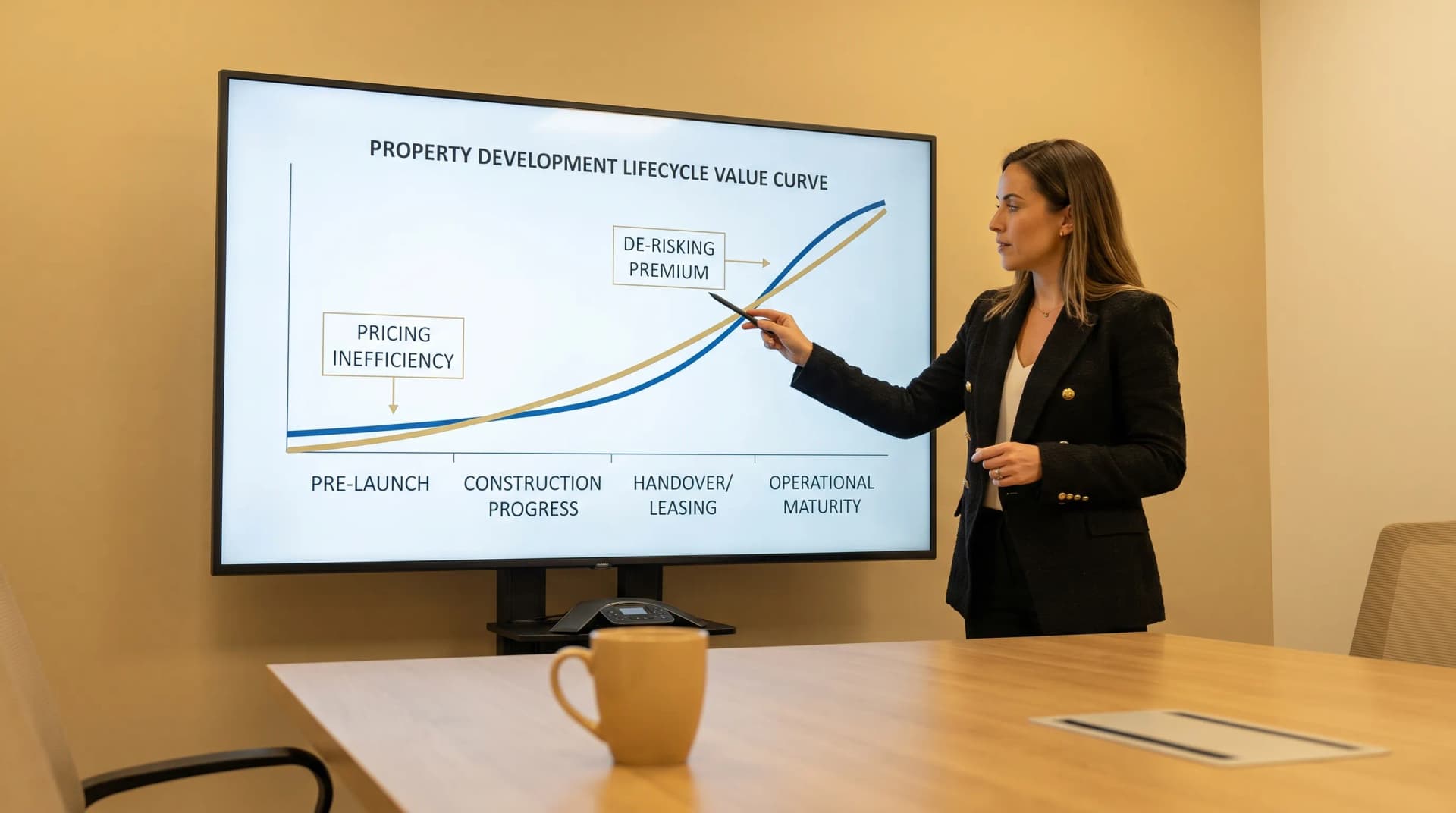A simple line chart showing a property development lifecycle value curve with four labelled phases: pre-launch, construction progress, handover/leasing, and operational maturity. The chart highlights “pricing inefficiency” early and “de-risking premium” mid-cycle.