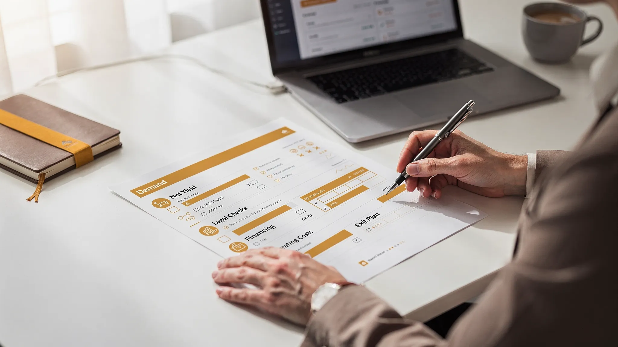 An investor reviewing a property investment scorecard with sections for demand, net yield, legal checks, financing, operating costs and exit plan.