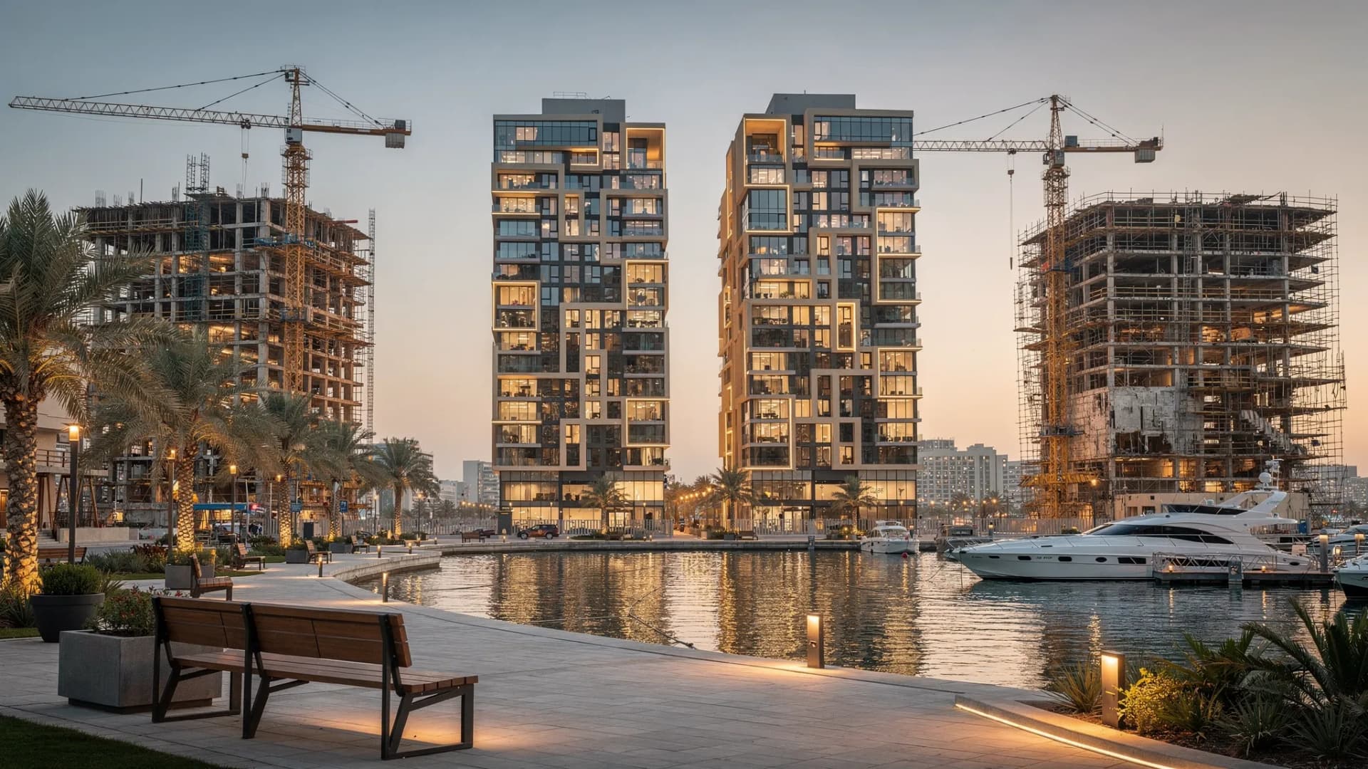 A modern UAE waterfront development under construction with completed residential towers, cranes, landscaped promenades and a marina in the foreground, representing off-plan property growth and staged delivery.