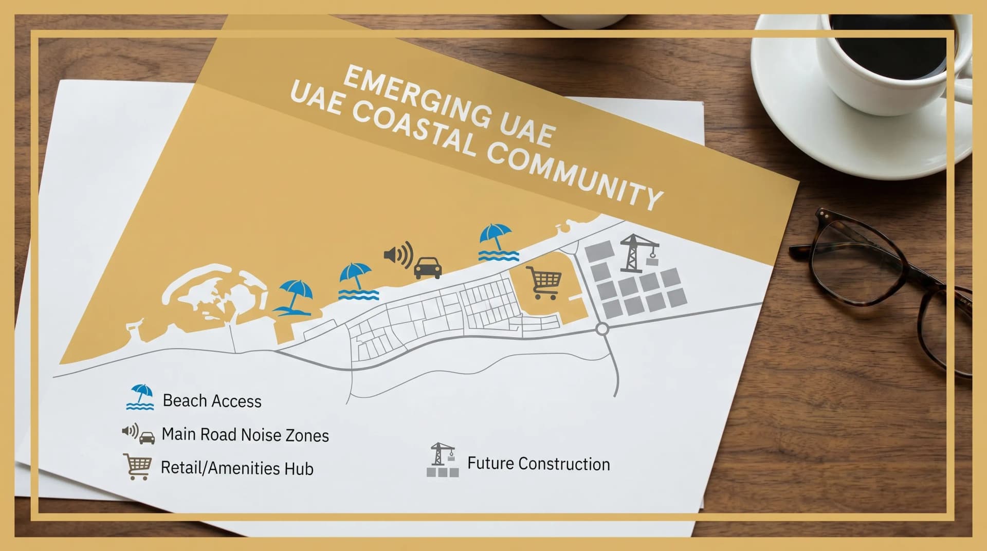 A simplified map-style illustration of an emerging UAE coastal community showing micro-location differences, with icons for beach access, main road noise zones, retail/amenities hub, and future construction plots that could block views.