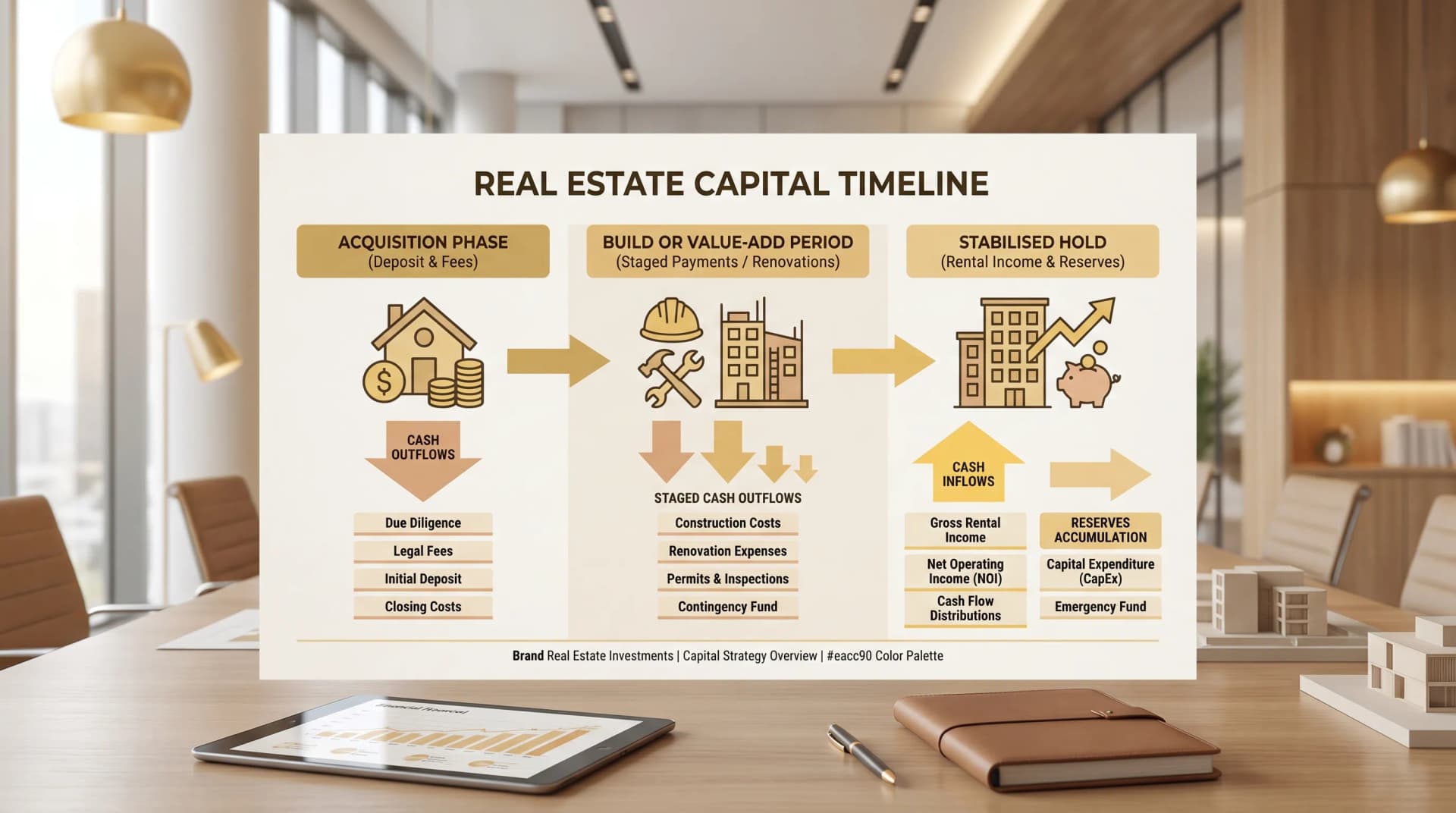 A clean infographic showing a real estate capital timeline with three phases: acquisition (deposit and fees), build or value-add period (staged payments or renovations), and stabilised hold (rental income and reserves), with arrows indicating cash outflows and inflows over time.