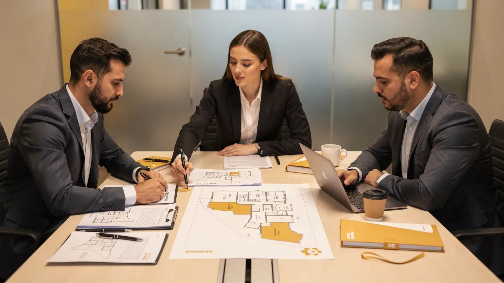 Two property investors and an adviser reviewing printed floor plans, purchase documents and a UAE market map on a meeting table.