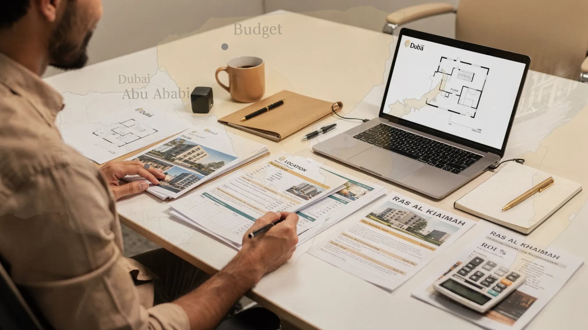 A beginner property investor reviewing a UAE real estate plan with budget notes, location options and property documents on a desk, with a subtle map of the UAE showing Dubai, Abu Dhabi and Ras Al Khaimah.