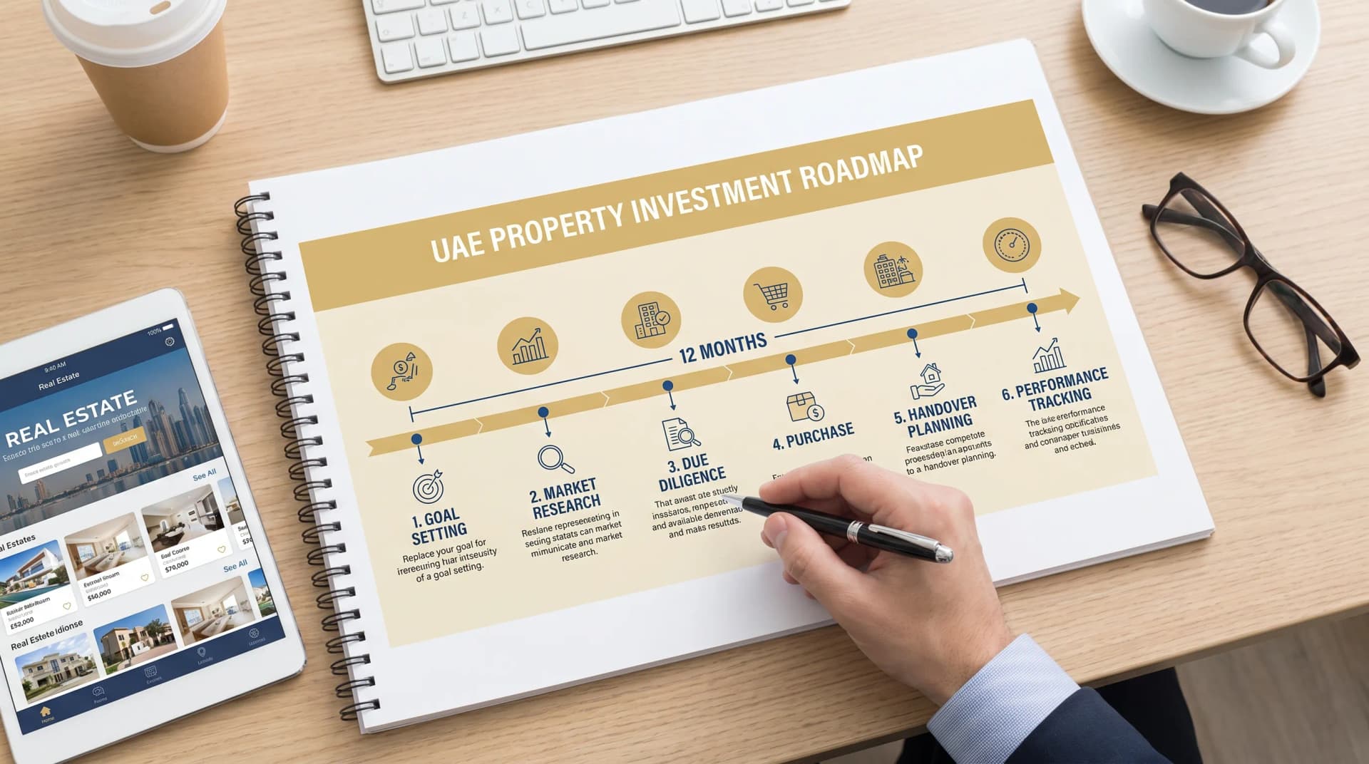 A simple 12-month UAE property investment roadmap showing stages from goal setting and market research to due diligence, purchase, handover planning and performance tracking.