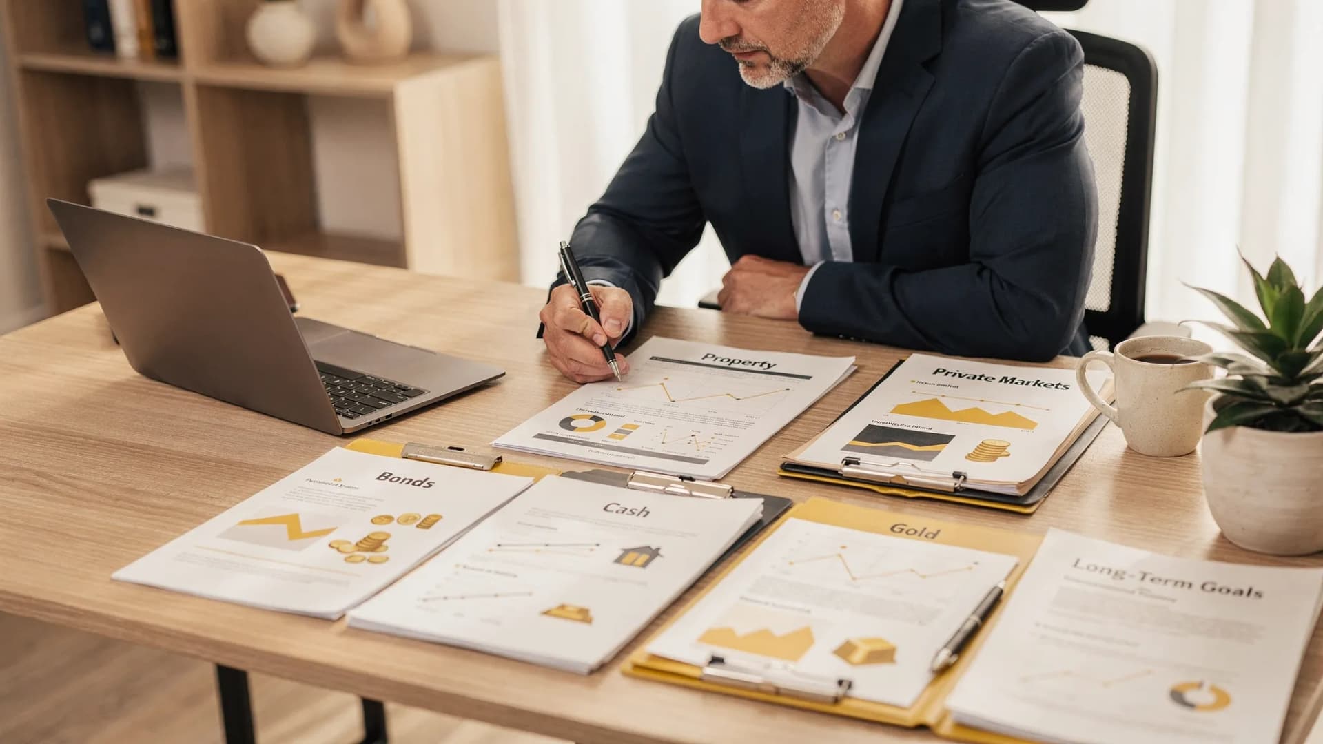 A private investor reviewing a diversified investment plan on a desk, with separate sections for property, bonds, cash, gold, private markets and long-term goals.