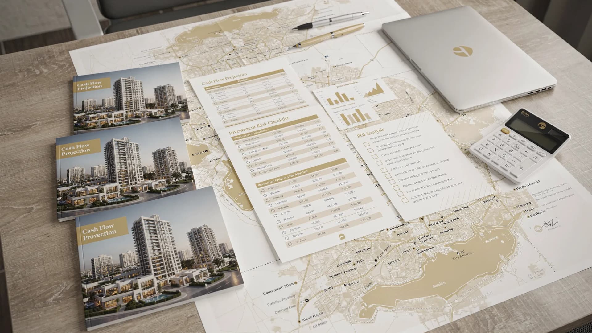 A real estate investor desk with property brochures, printed financial models, a risk checklist and a map of the UAE, representing a structured plan before investing in property.