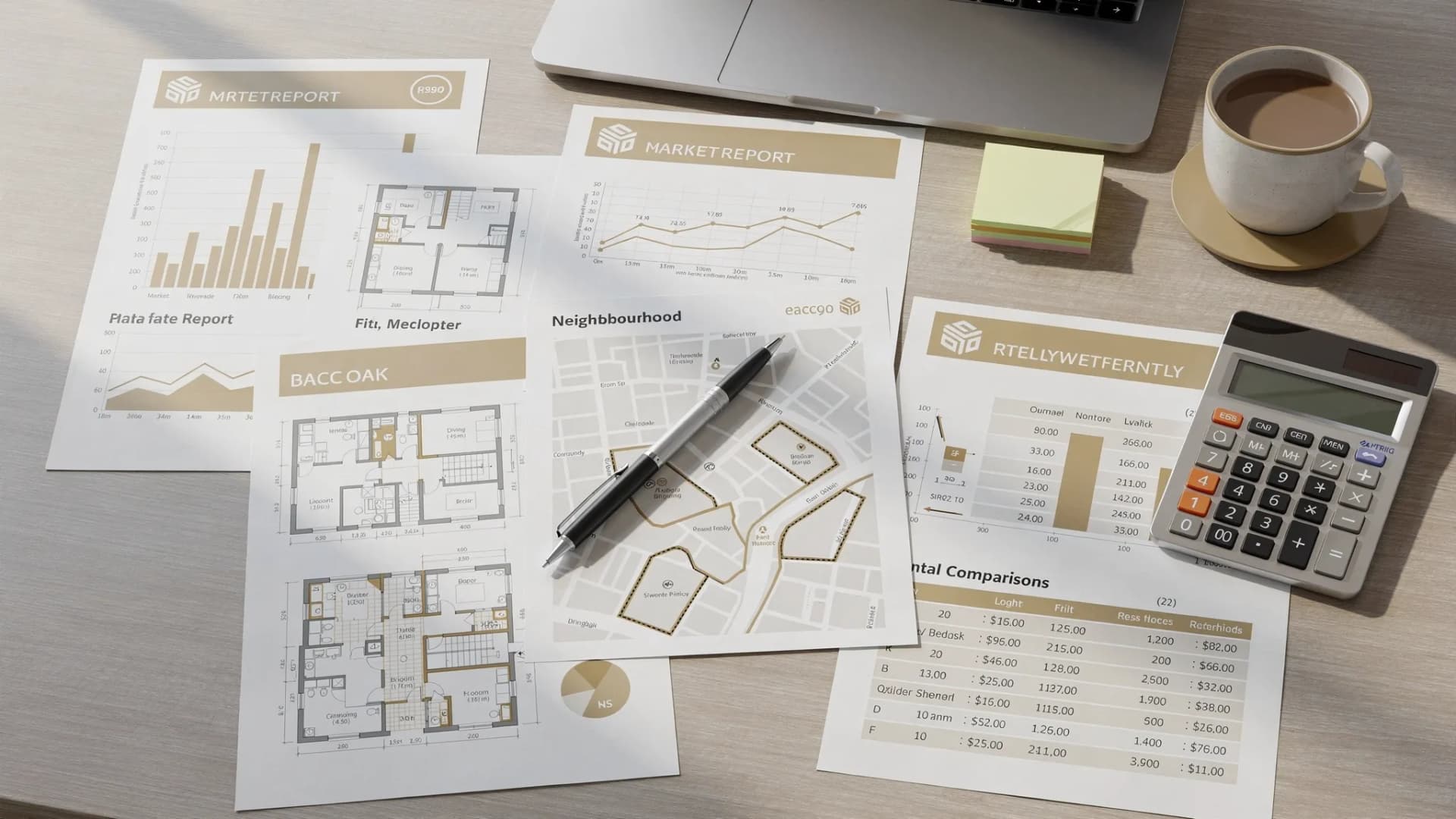 A real estate buyer’s research desk with printed market reports, property floor plans, neighbourhood maps, rental comparison sheets and a calculator arranged neatly for investment analysis.