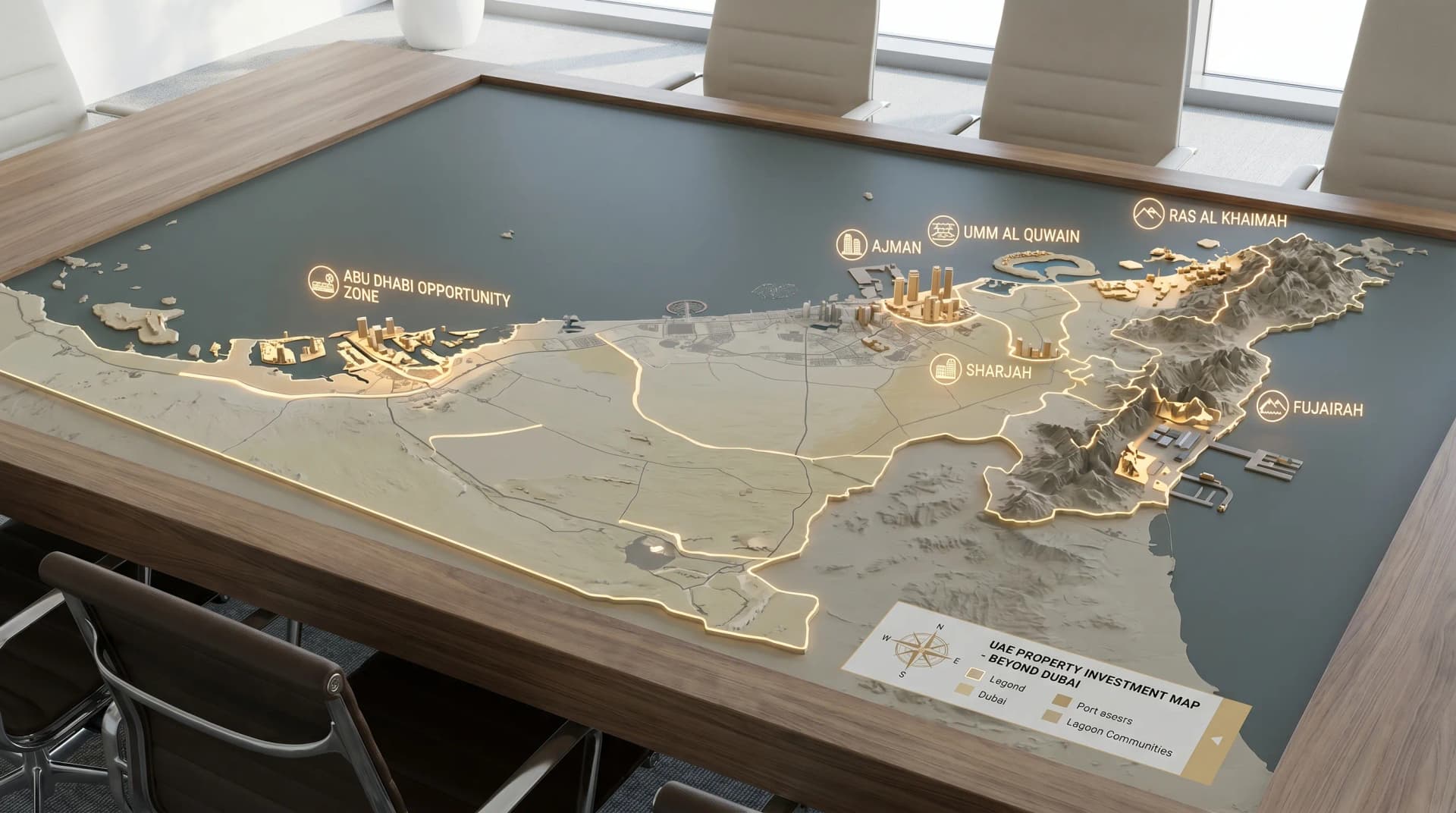 A UAE investment map highlighting Abu Dhabi, Ras Al Khaimah, Sharjah, Ajman, Umm Al Quwain and Fujairah as property opportunity zones beyond Dubai, with coastlines, waterfront communities, mountains and urban centres represented clearly.